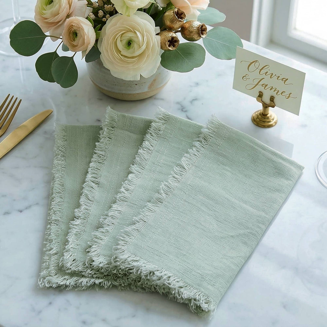 Fringed Raw Edge Pure French Linen Napkins Set of 4 -Sage - Trouvaille Imports