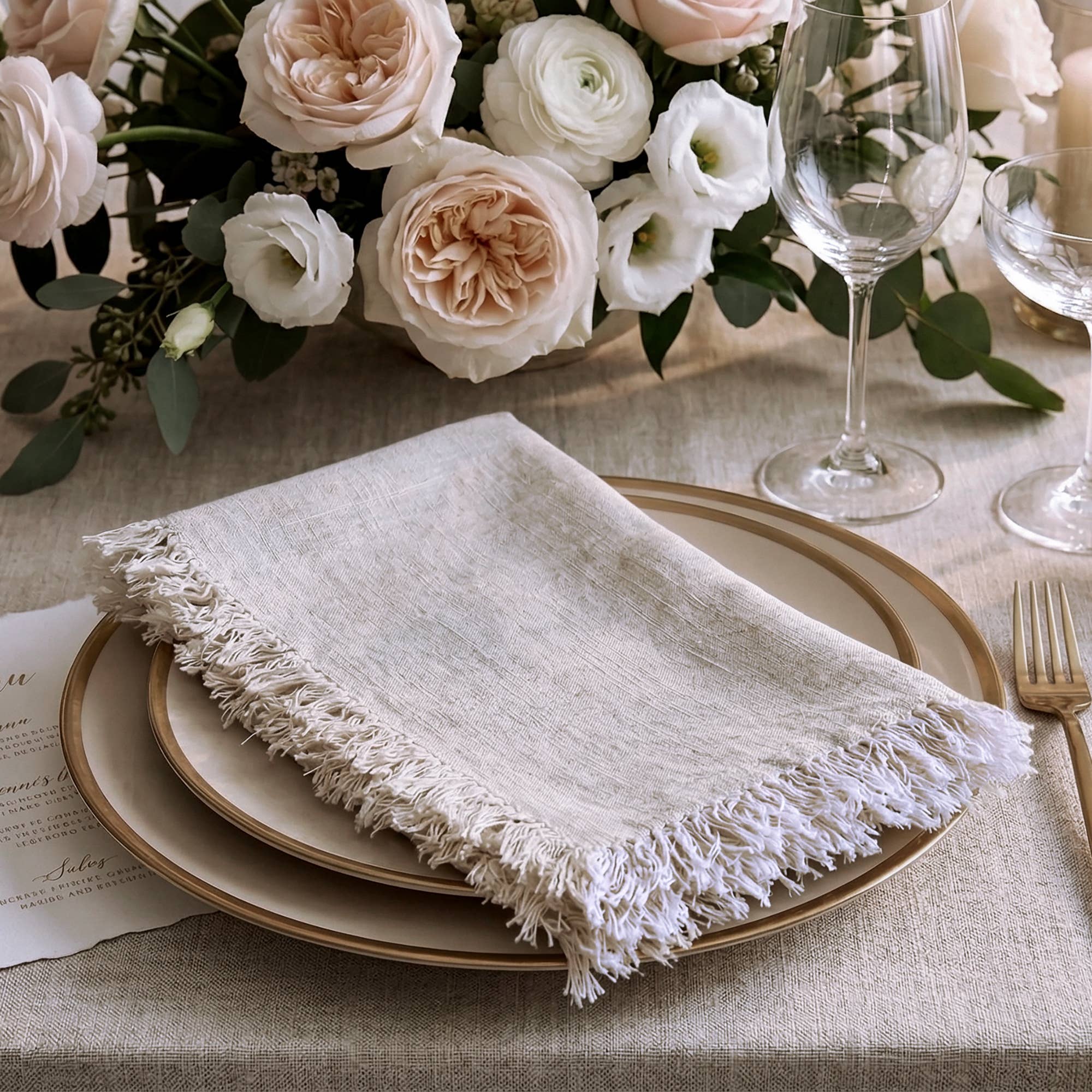 Fringed Raw Edge Pure French Linen Napkins Set of 4 -Natural - Trouvaille Imports
