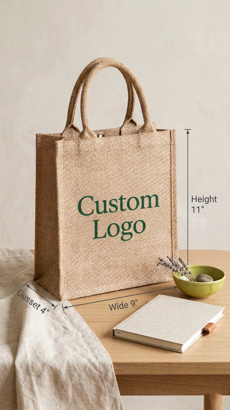 Customizable Quality Burlap Tote Bag - H 11" x W 9" x D 4" - Trouvaille Imports