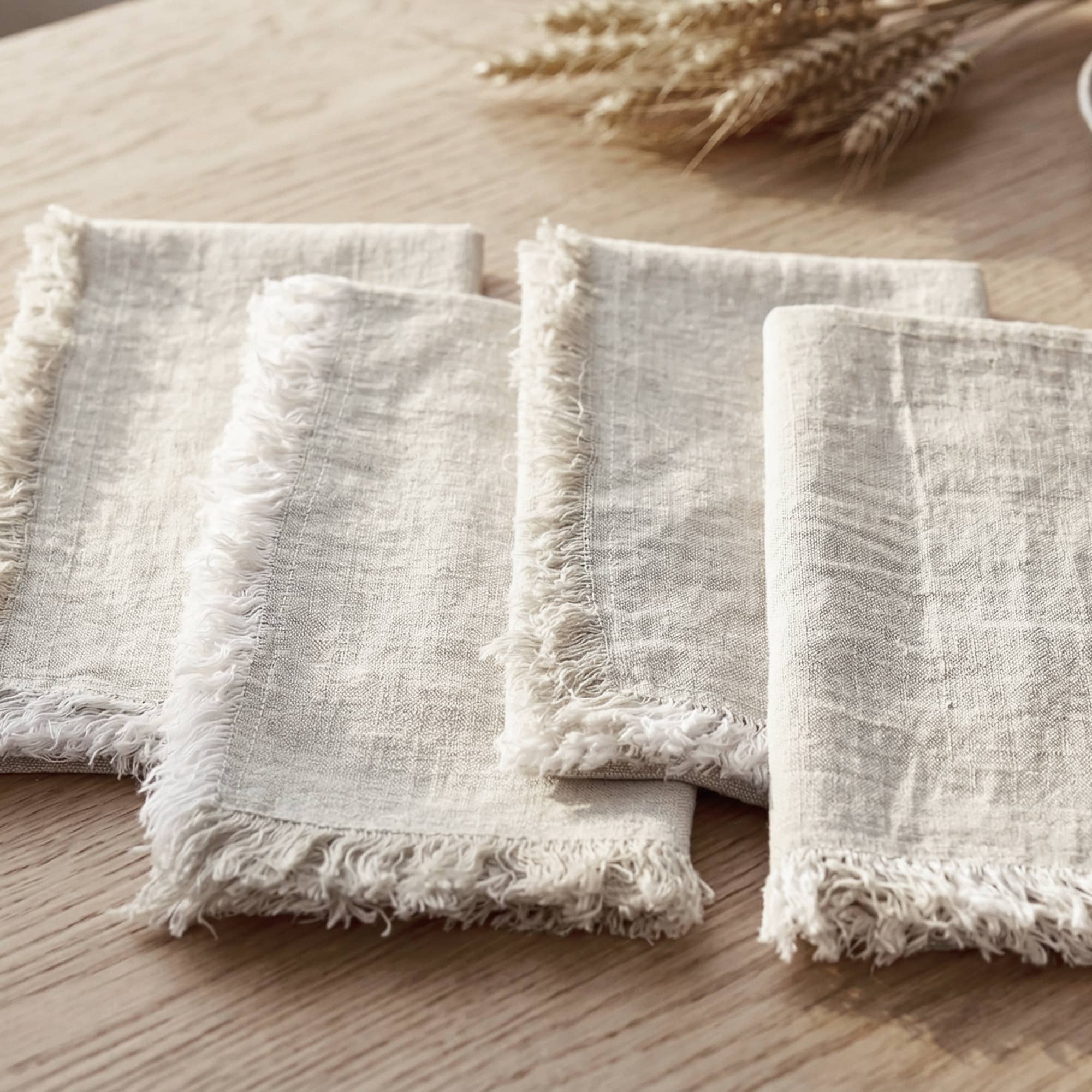Fringed Raw Edge Pure French Linen Napkins Set of 4 -Natural - Trouvaille Imports