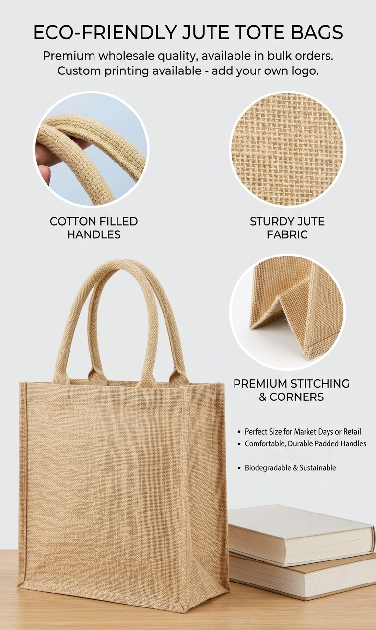 Customizable Quality Burlap Tote Bag - H 11" x W 9" x D 4" - Trouvaille Imports