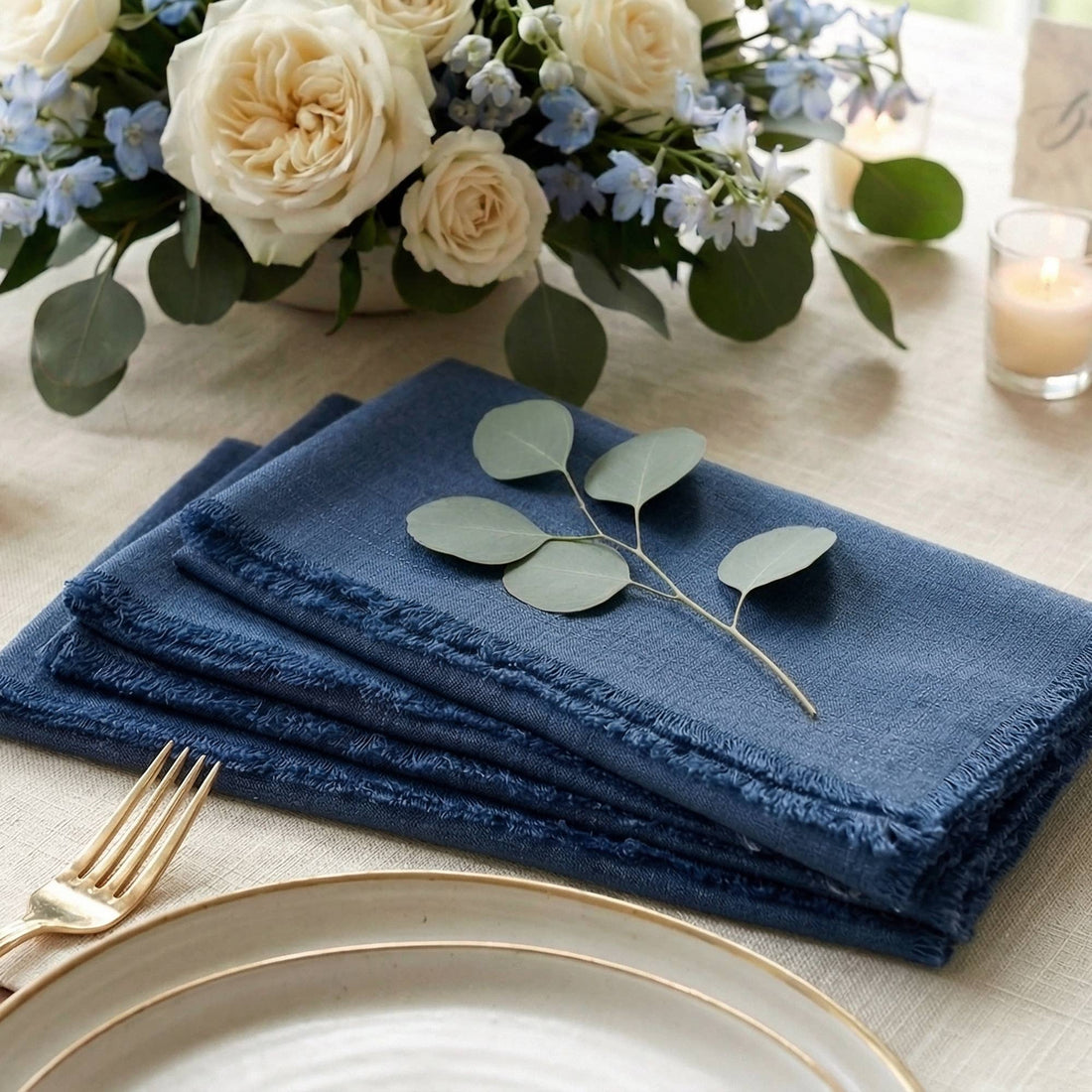 Fringed Raw Edge Pure French Linen Napkins Set of 4 -Navy - Trouvaille Imports