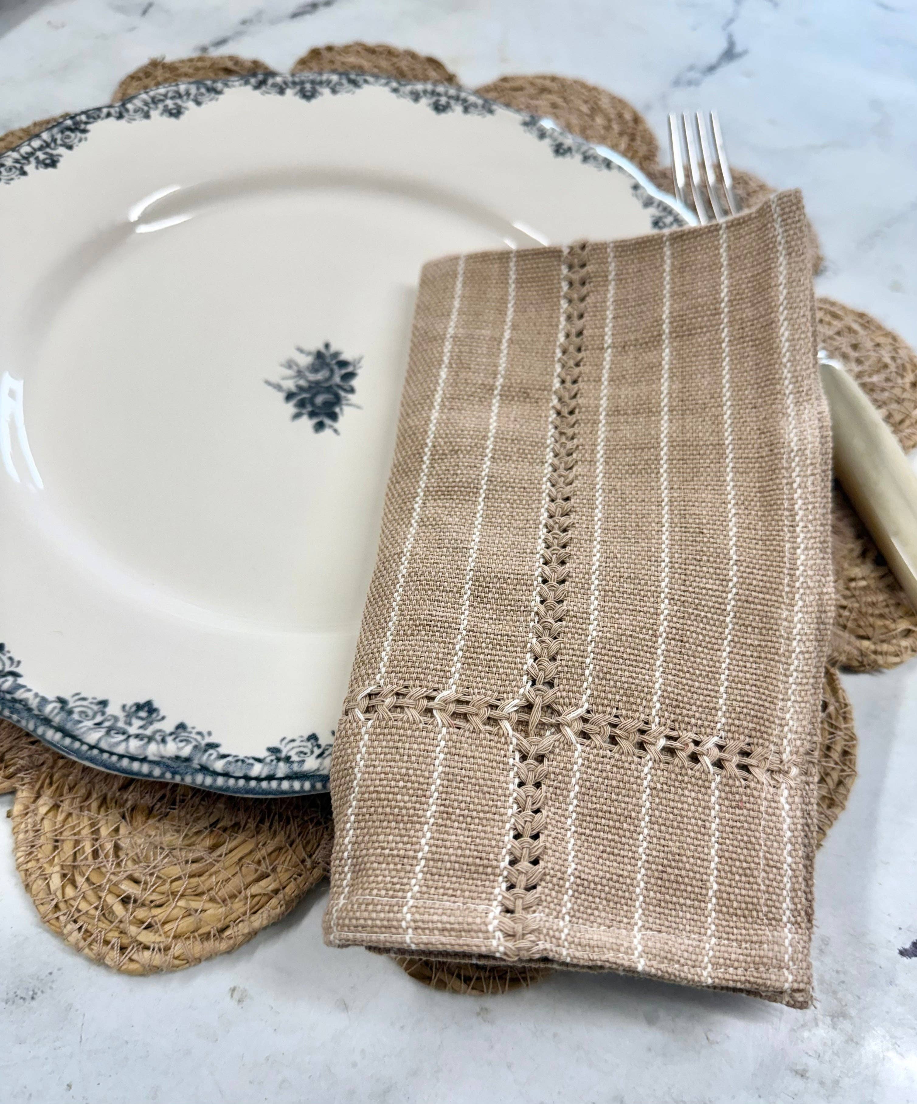 Hand-stitched Napkin, Tan S/2 - Trouvaille Imports