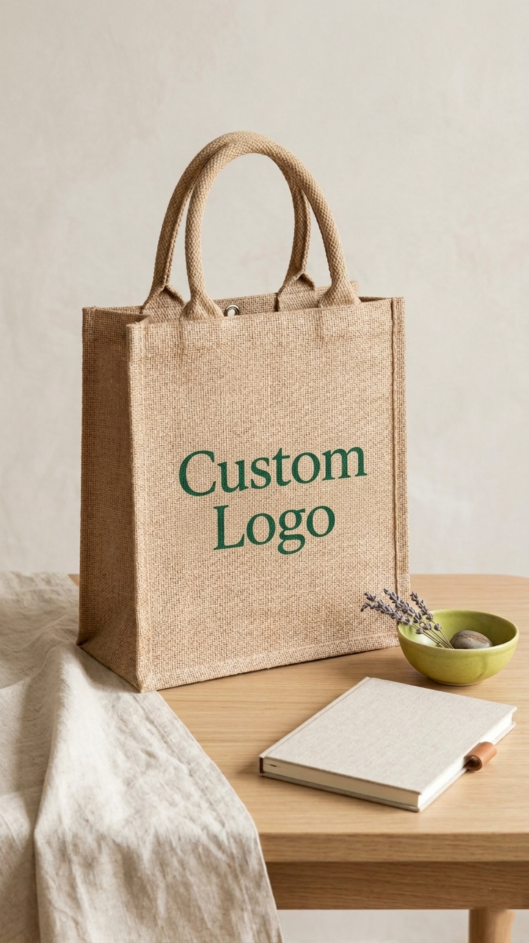 Customizable Quality Burlap Tote Bag - H 11" x W 9" x D 4" - Trouvaille Imports