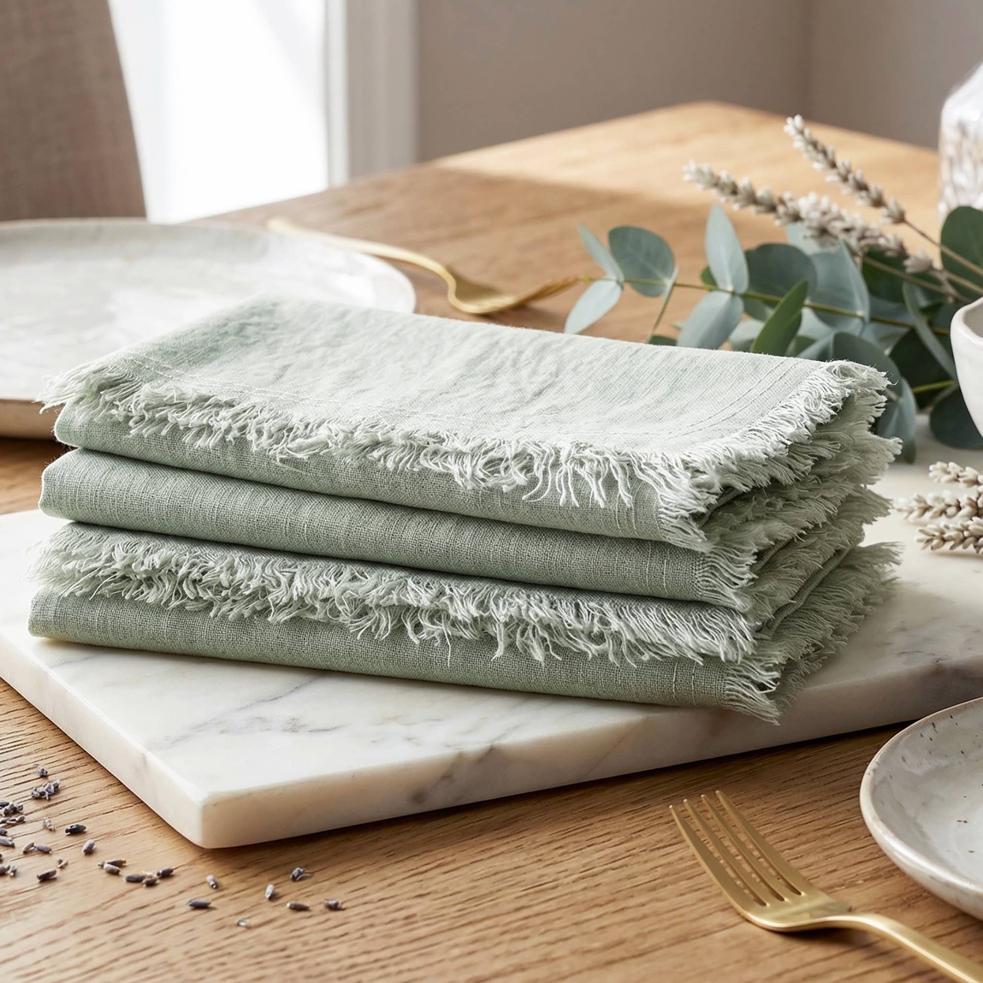 Fringed Raw Edge Pure French Linen Napkins Set of 4 -Sage - Trouvaille Imports