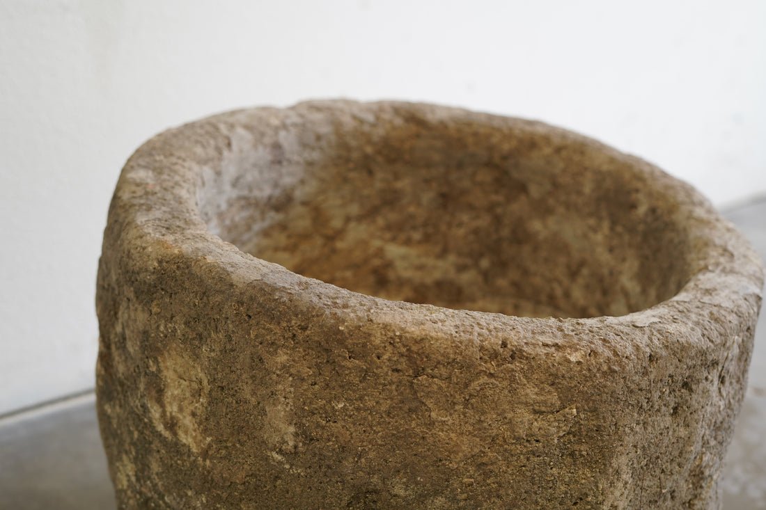 Close up view of Antique Limestone Planter 
20" D x 16" H