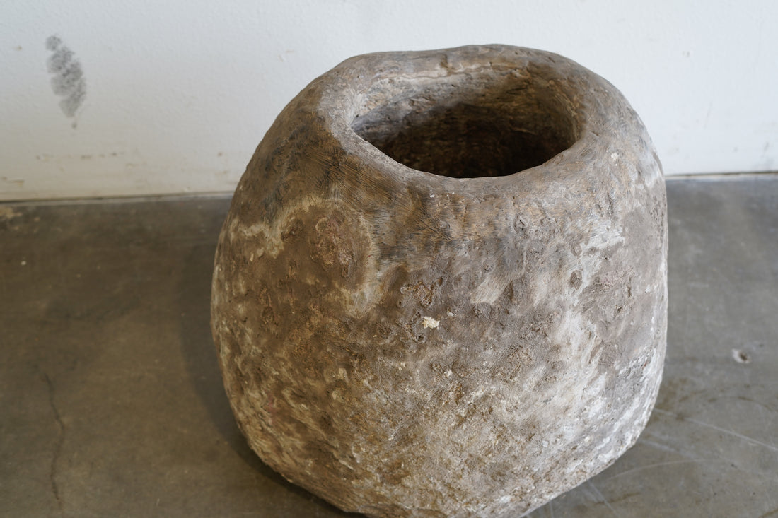 Antique Round Limestone Planter - 21" D x 24" H