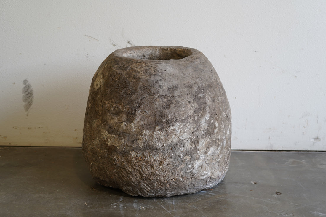 Antique Round Limestone Planter - 21" D x 24" H