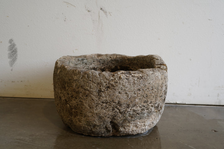 Antique Limestone Planter, hand-carved.

dimensions: 23" D x 15" H