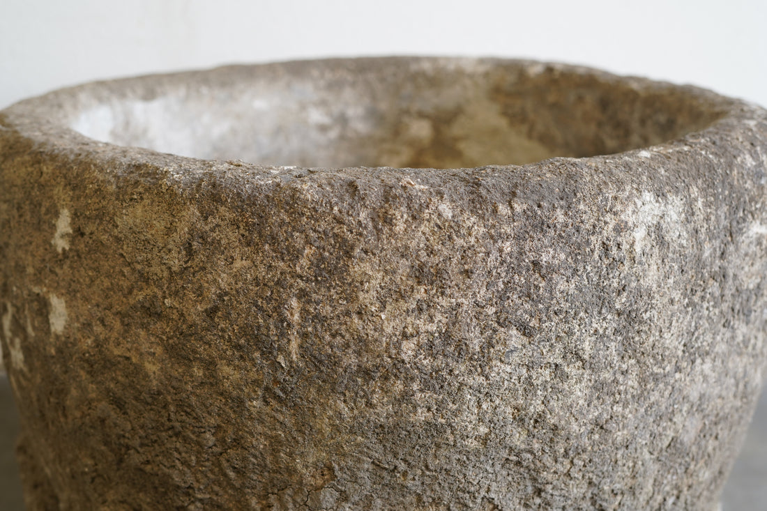 Close up of patina on Antique Limestone Planter - 25" D x 19" H