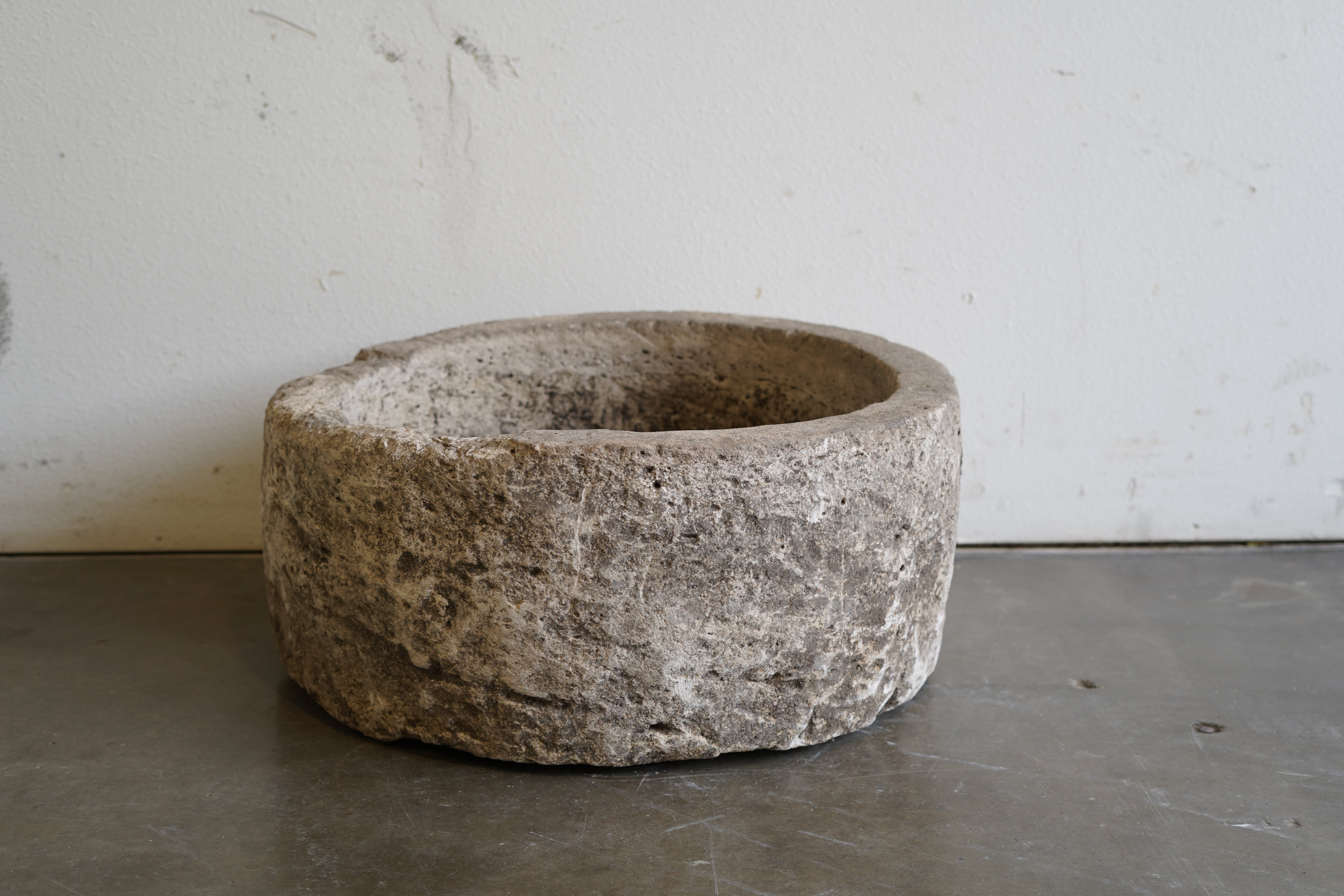 Antique Round Hand-carved Limestone planter

Dimensions: 27" D x 12" H