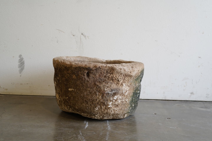 Antique Round Hand-carved authentic limestone planter. 27" D x 17" H