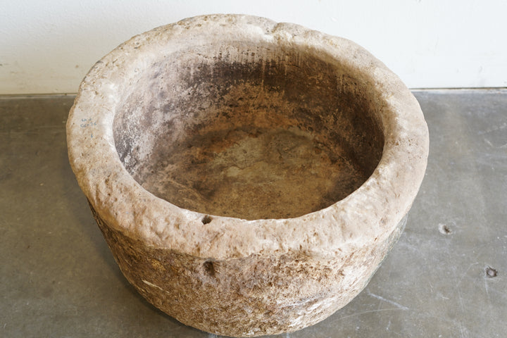 Antique Round Hand-carved authentic limestone planter. 27" D x 17" H