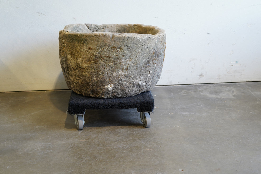 Antique Round Limestone Planter. 28" W x 17" H. Can be converted to fountain or fire pit. hand-carved, authentic limestone.