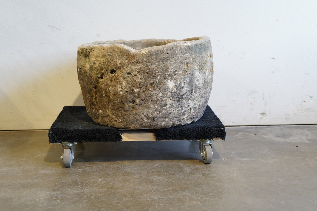 Antique Round Limestone Planter. 28" W x 17" H. Can be converted to fountain or fire pit. hand-carved, authentic limestone.