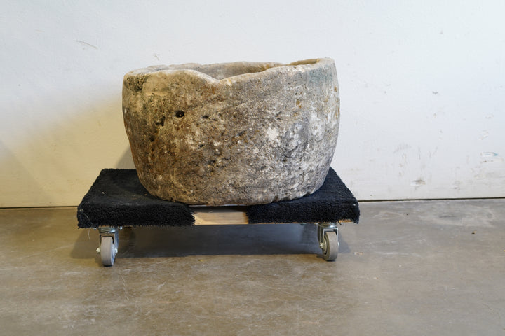 Antique Round Limestone Planter. 28" W x 17" H. Can be converted to fountain or fire pit. hand-carved, authentic limestone.