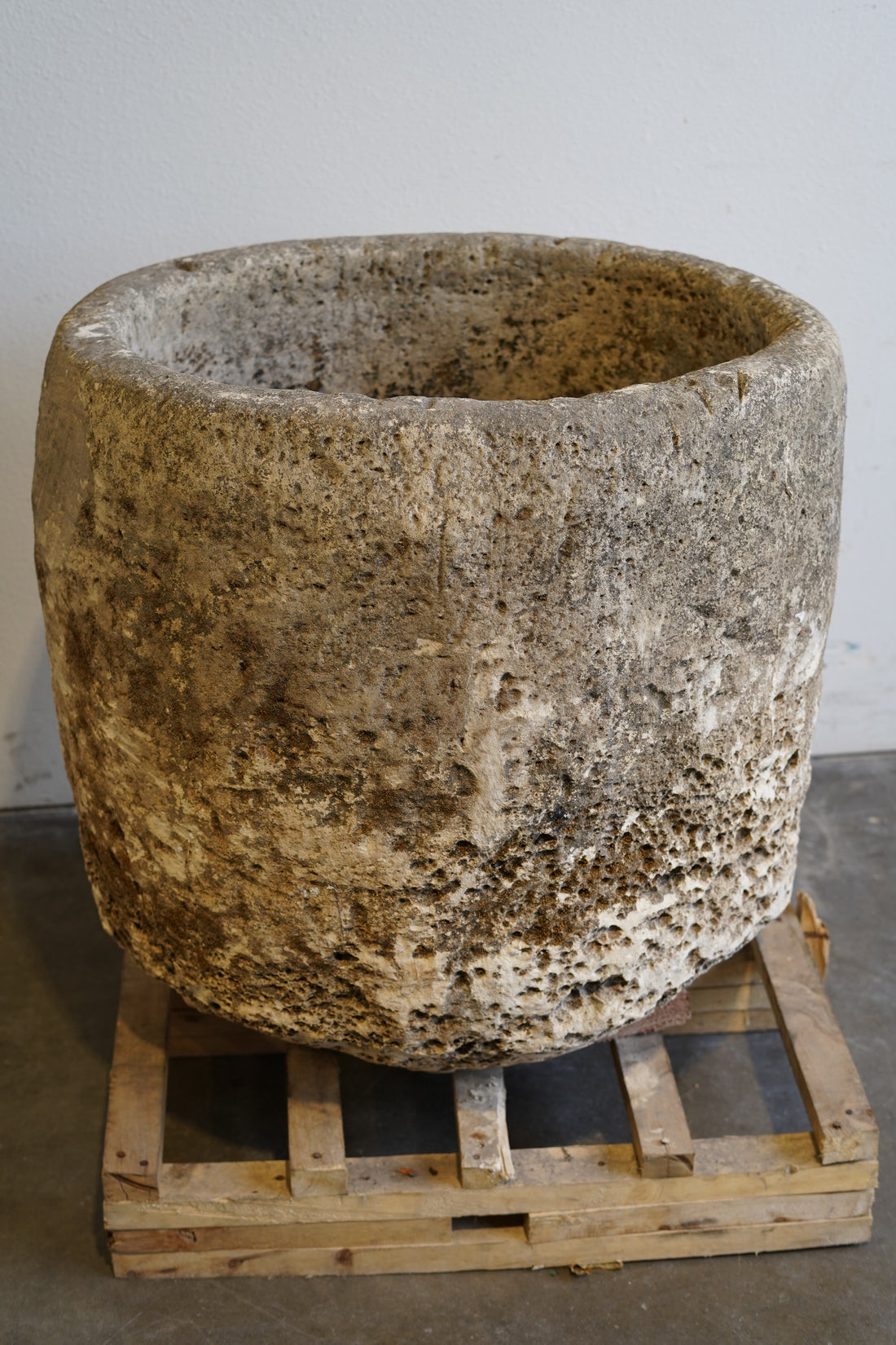 Antique Limestone Round Planter - 30" H x 29" W - Trouvaille Imports