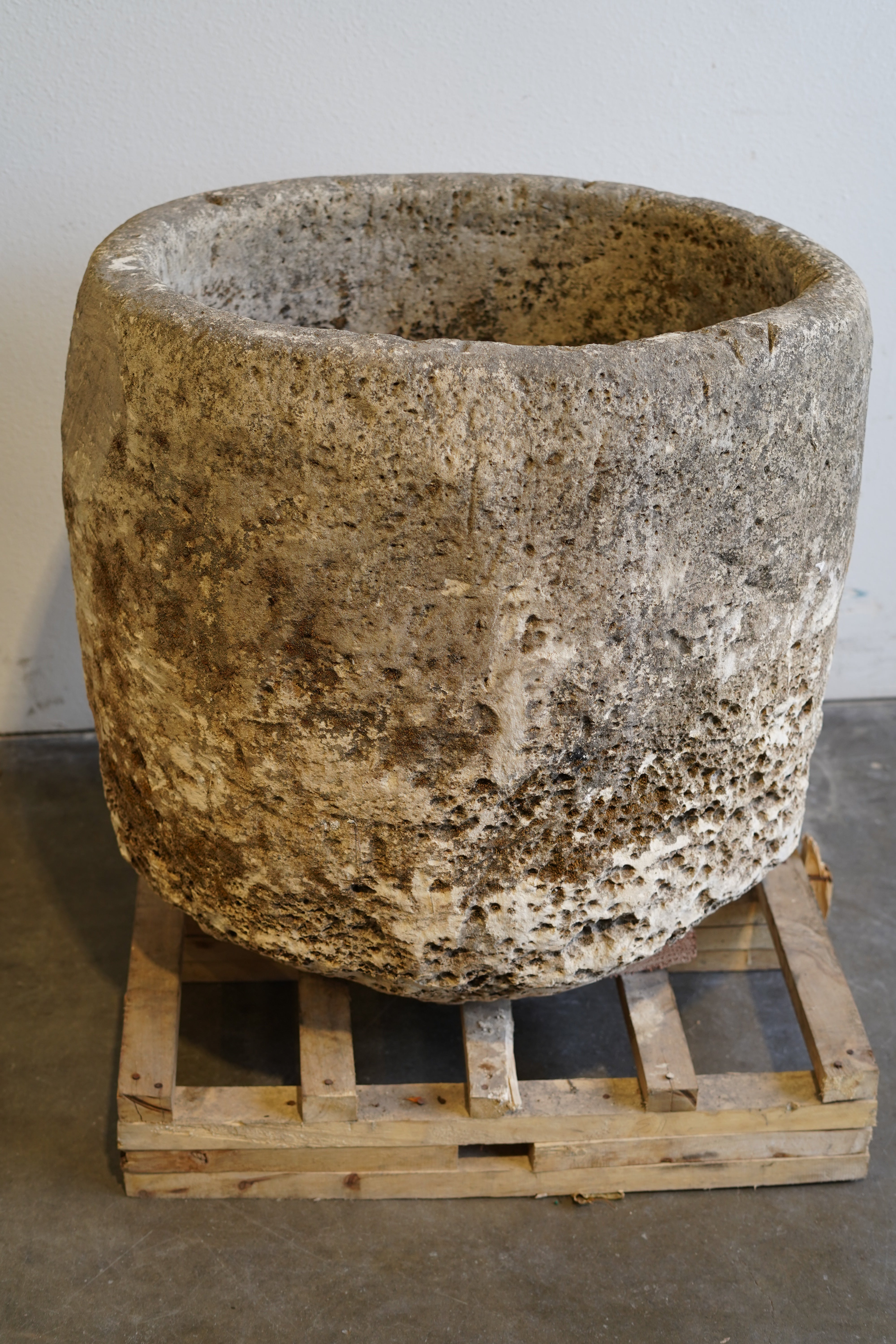 Antique Limestone Round Planter - 30" H x 29" W - Trouvaille Imports