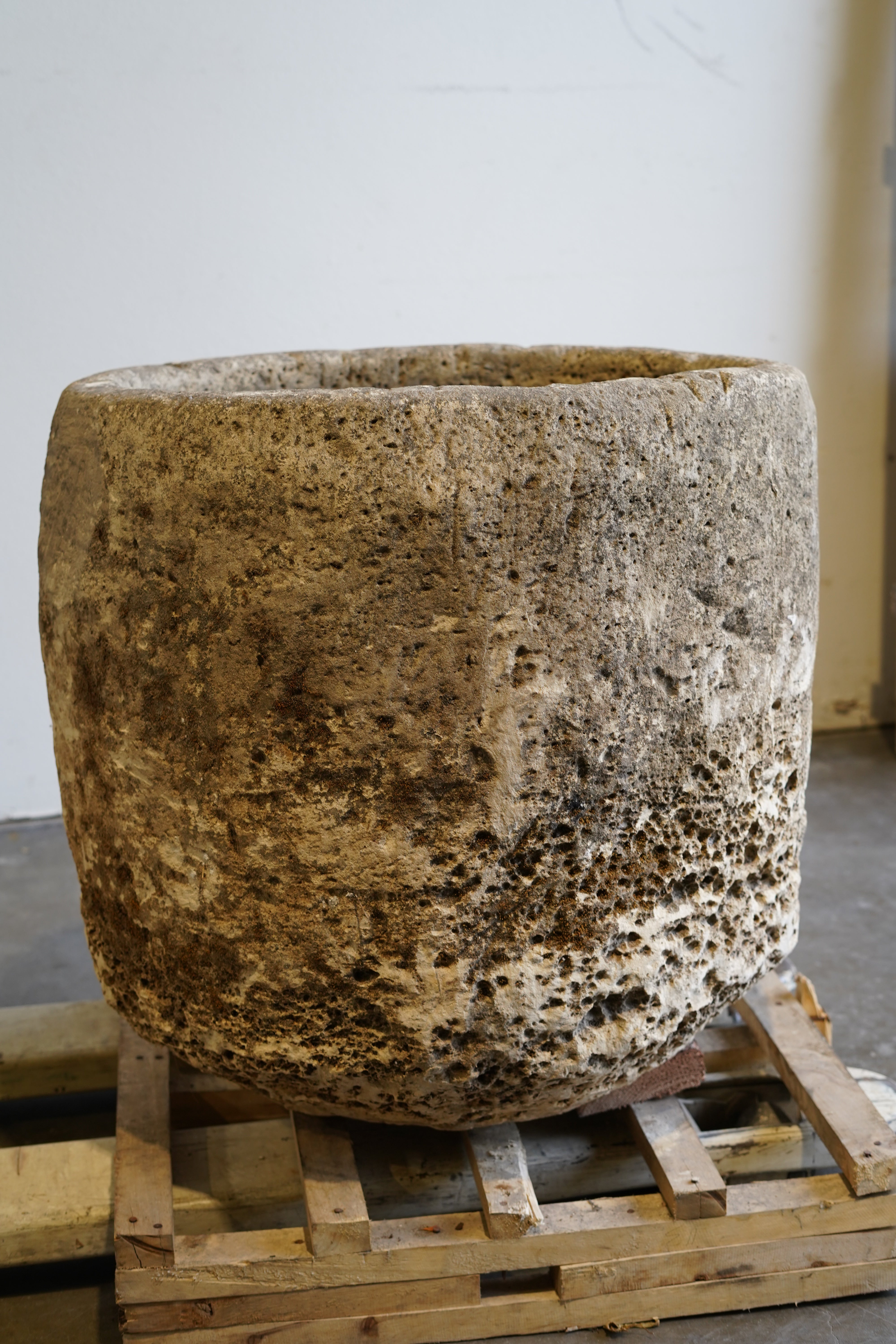 Antique Limestone Round Planter - 30" H x 29" W - Trouvaille Imports