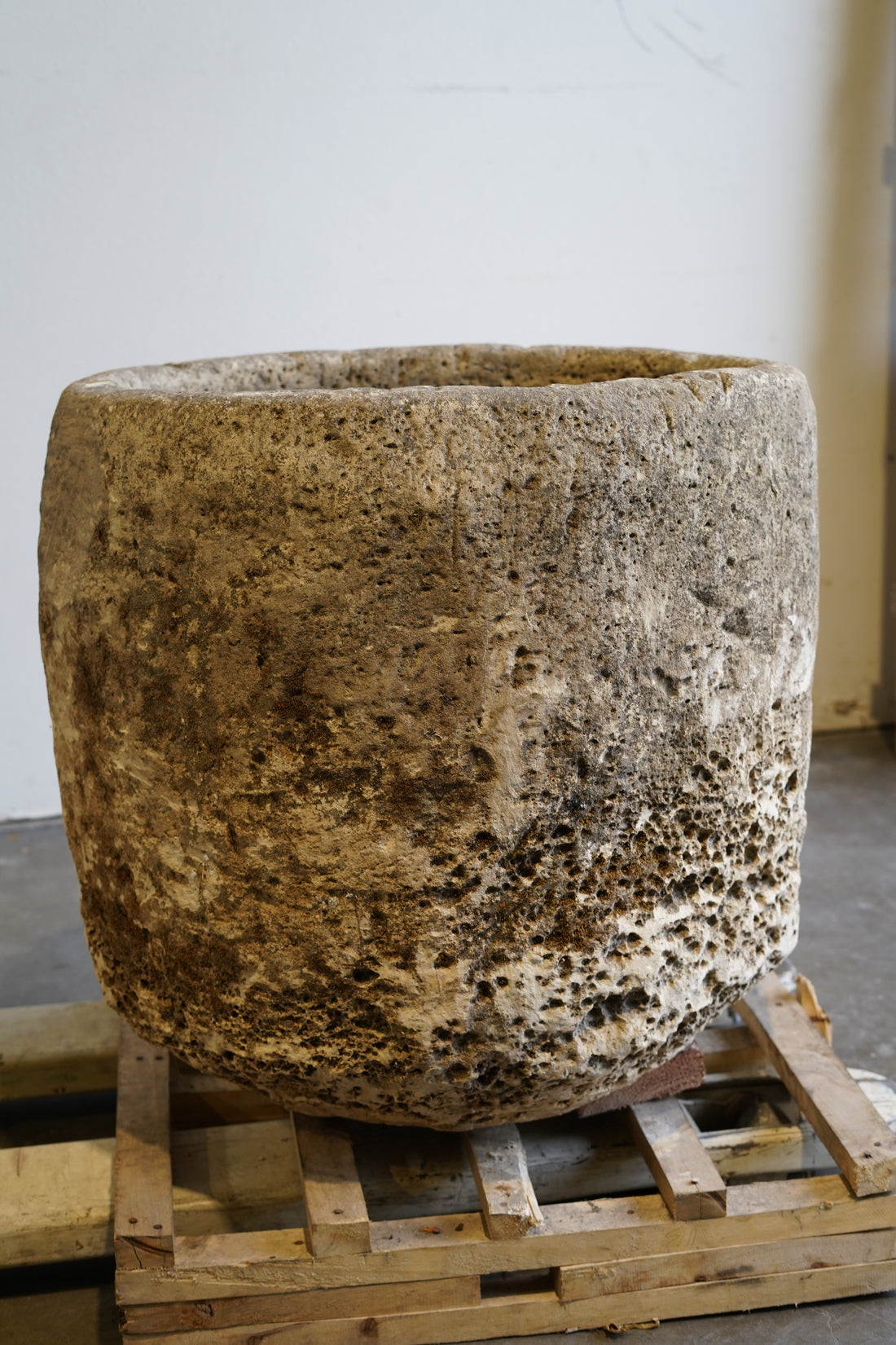 Antique Limestone Round Planter - 30" H x 29" W - Trouvaille Imports