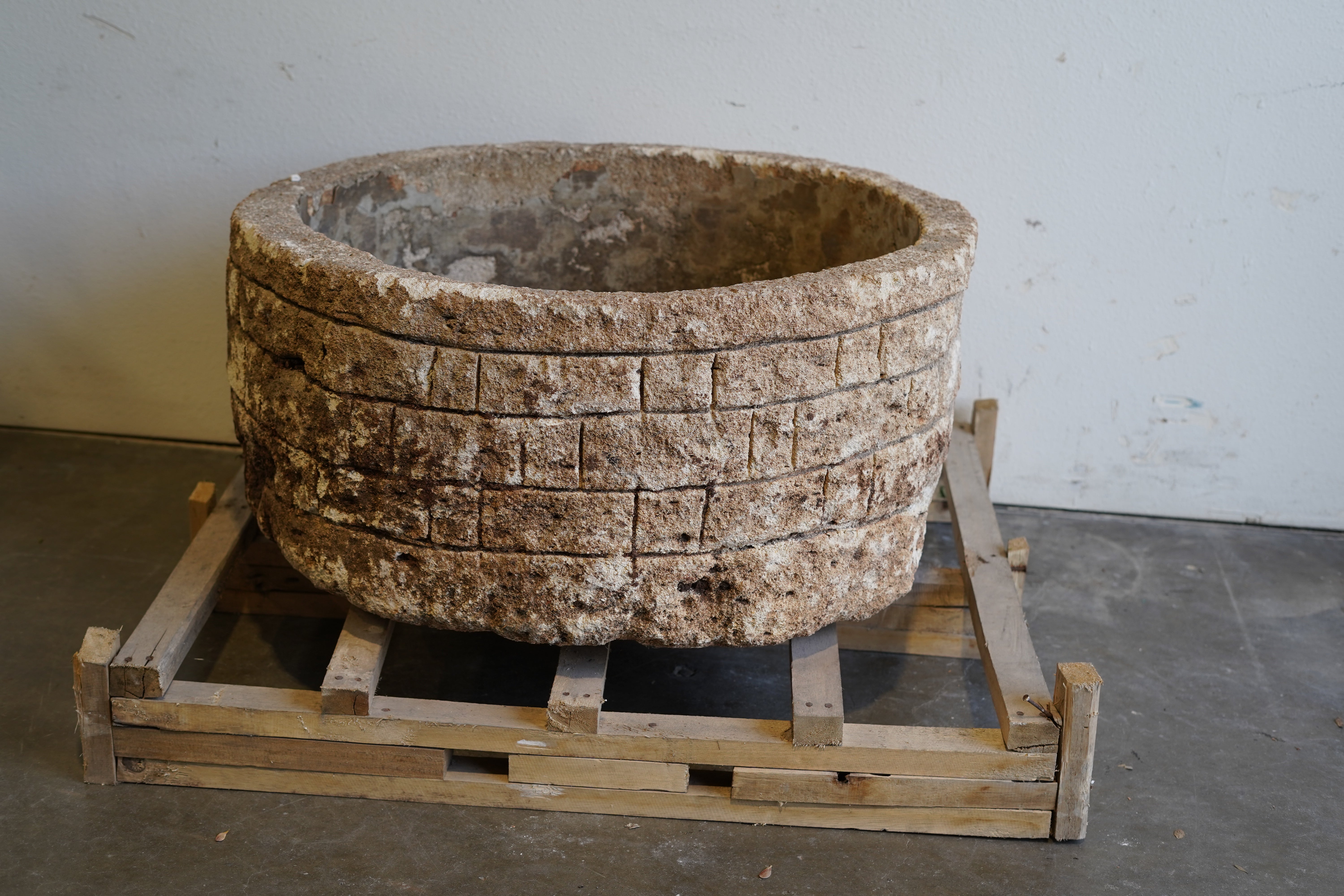 Antique LImestone Planter with hand-carvings on the outside and natural patina