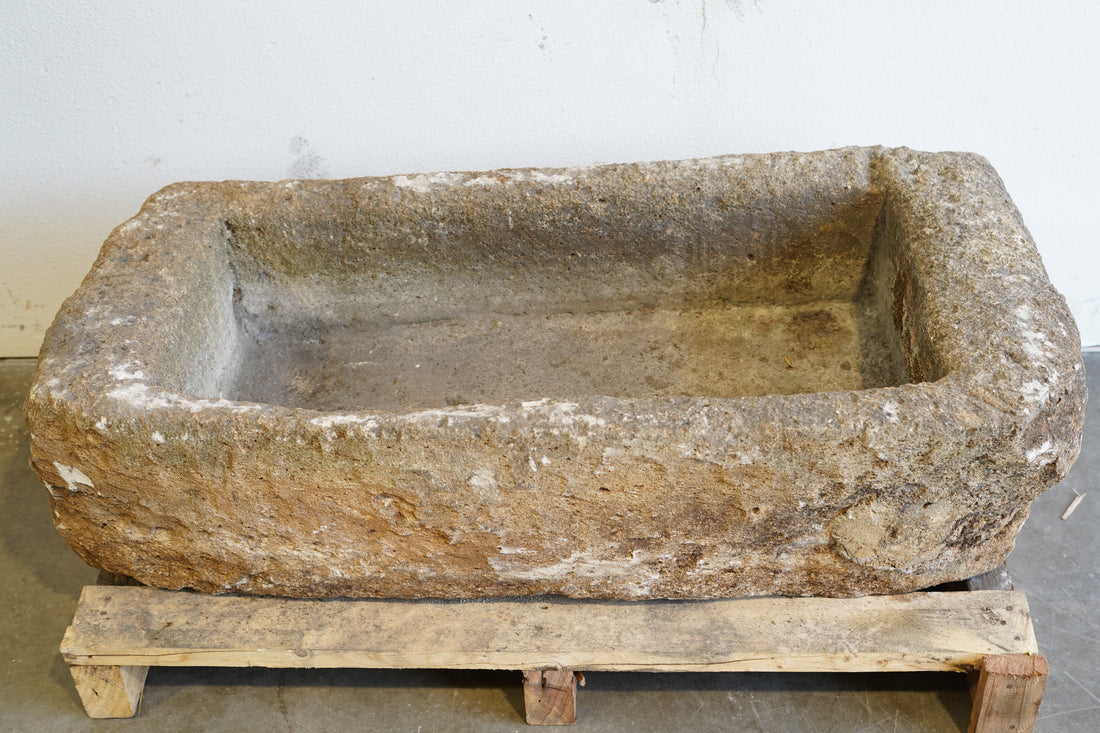 Top down view of Antique Limestone

hand-carved, authentic limestone trough
any limestone can be converted into a fountain or fire pit
44" L x 22" W x 14" H