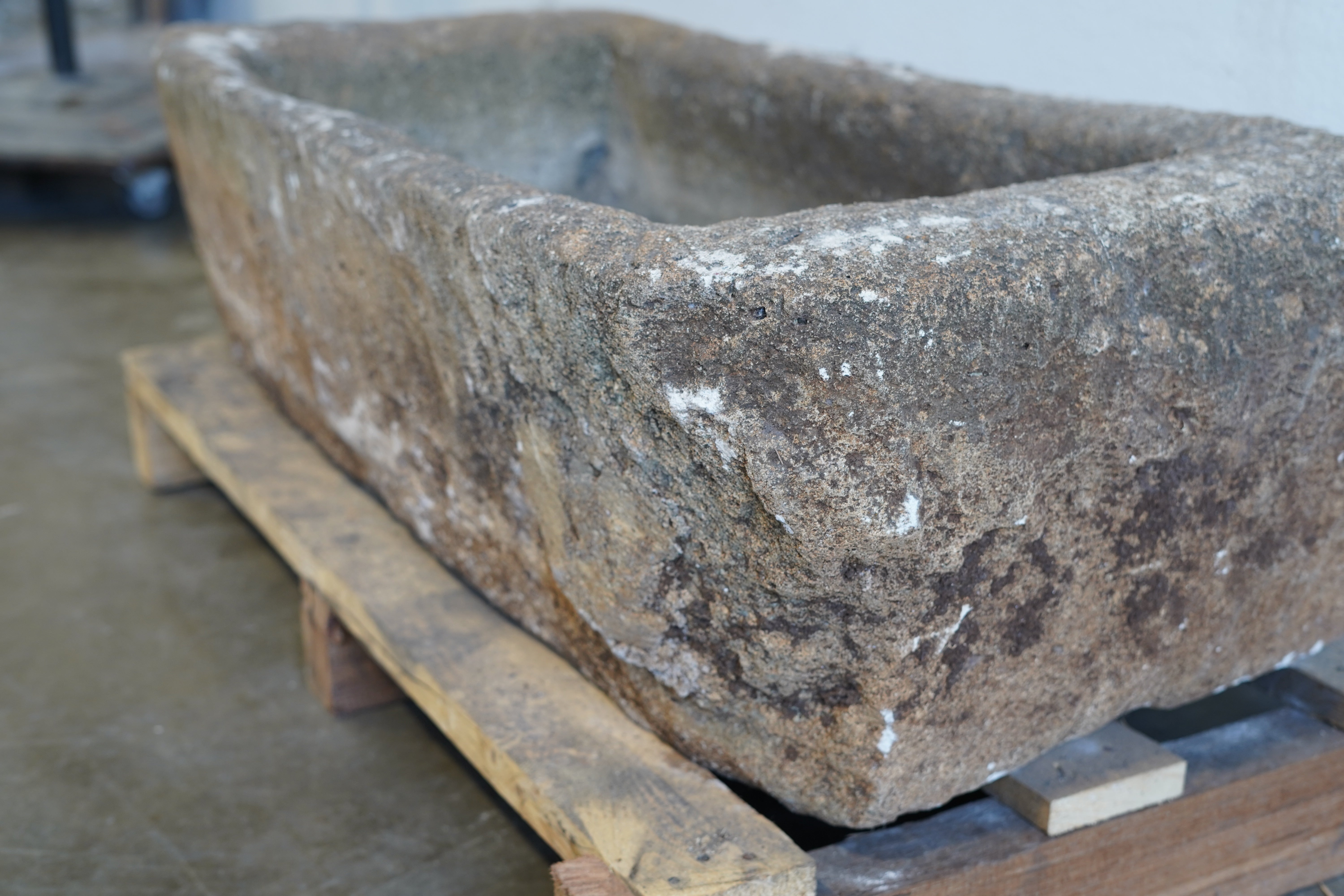Close up view of natural patina and aging on Antique Limestone

hand-carved, authentic limestone trough
any limestone can be converted into a fountain or fire pit
44" L x 22" W x 14" H