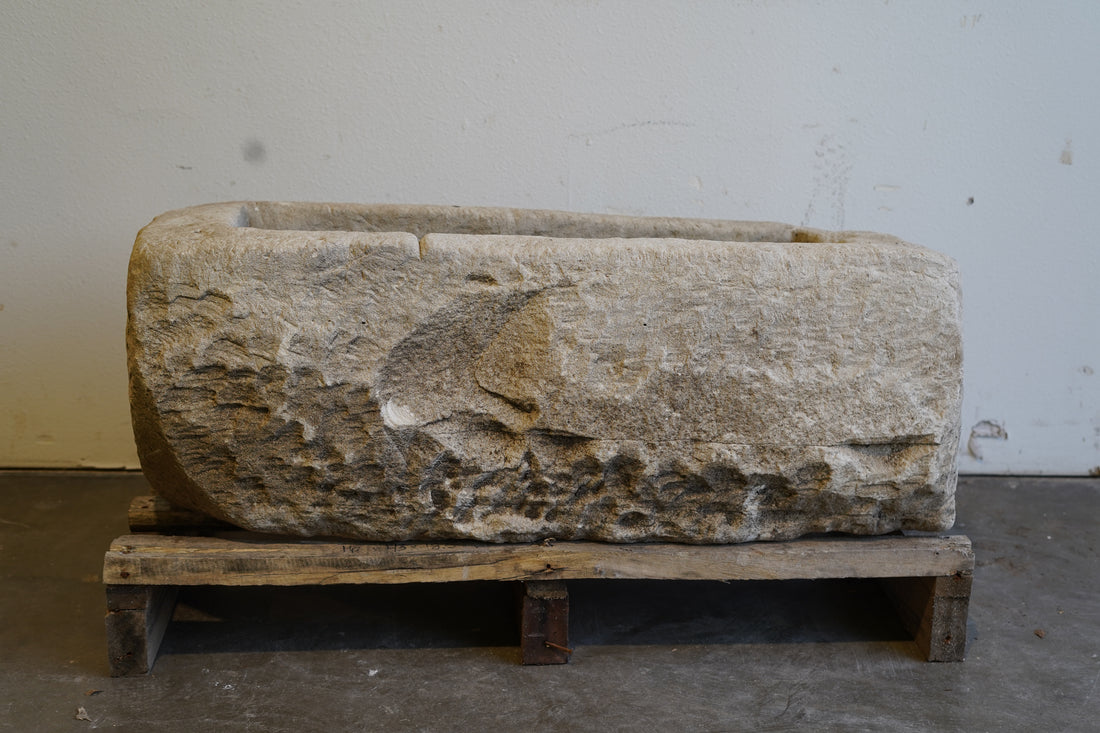 Antique limestone planter trough front view with natural weathered patina, 43 inches long
