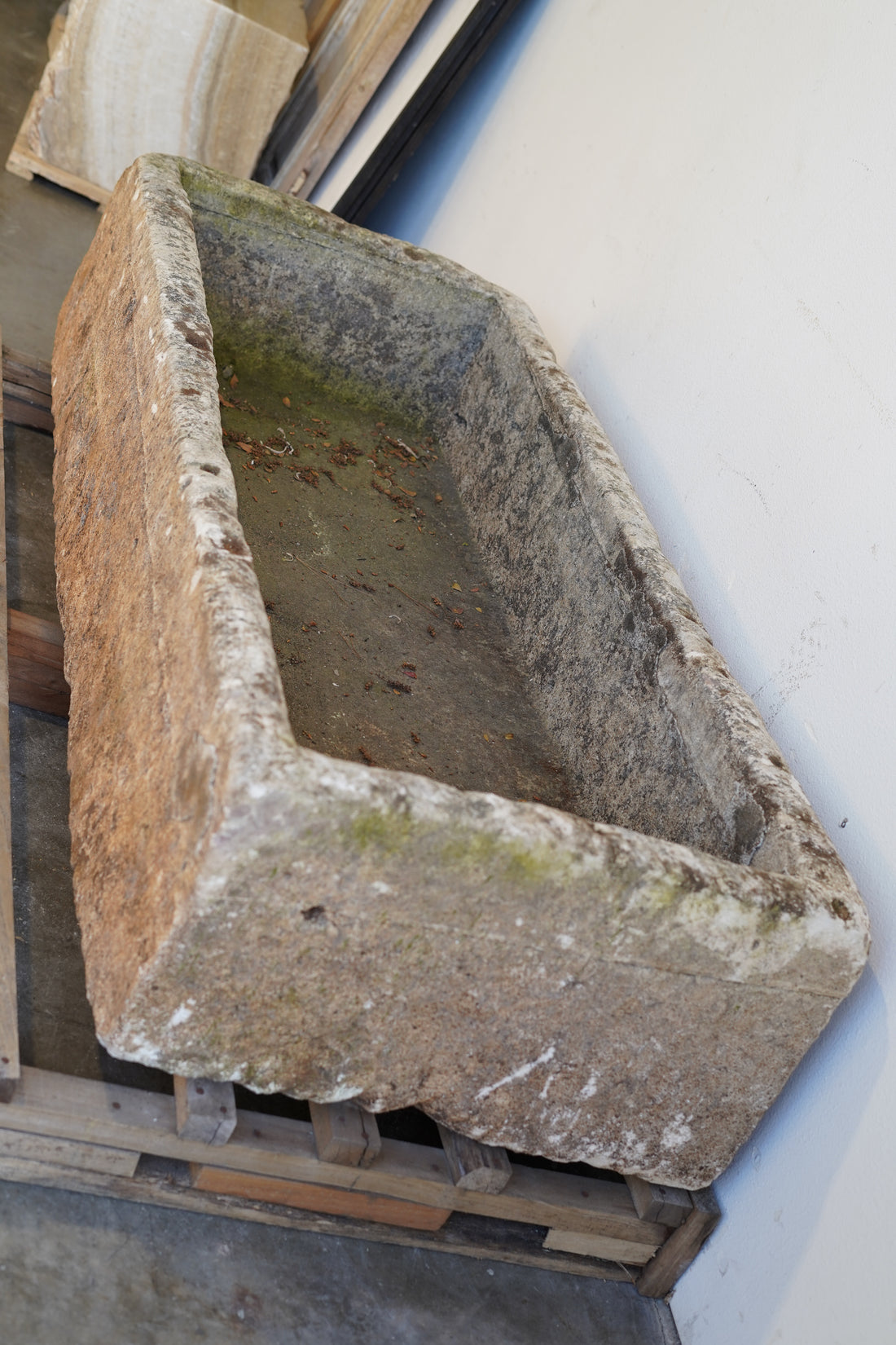 Top and side view of Rectangular Authentic Antique Limestone Trough Planter which can be converted into fountain or fire pit. 66" L x 28" W x 16" H