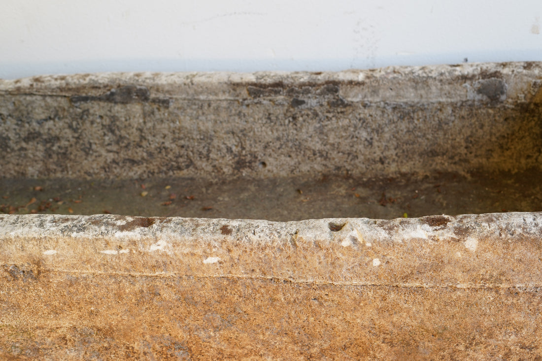 Top view of Rectangular Authentic Antique Limestone Trough Planter which can be converted into fountain or fire pit. 66" L x 28" W x 16" H with natural wear, aging and patina.