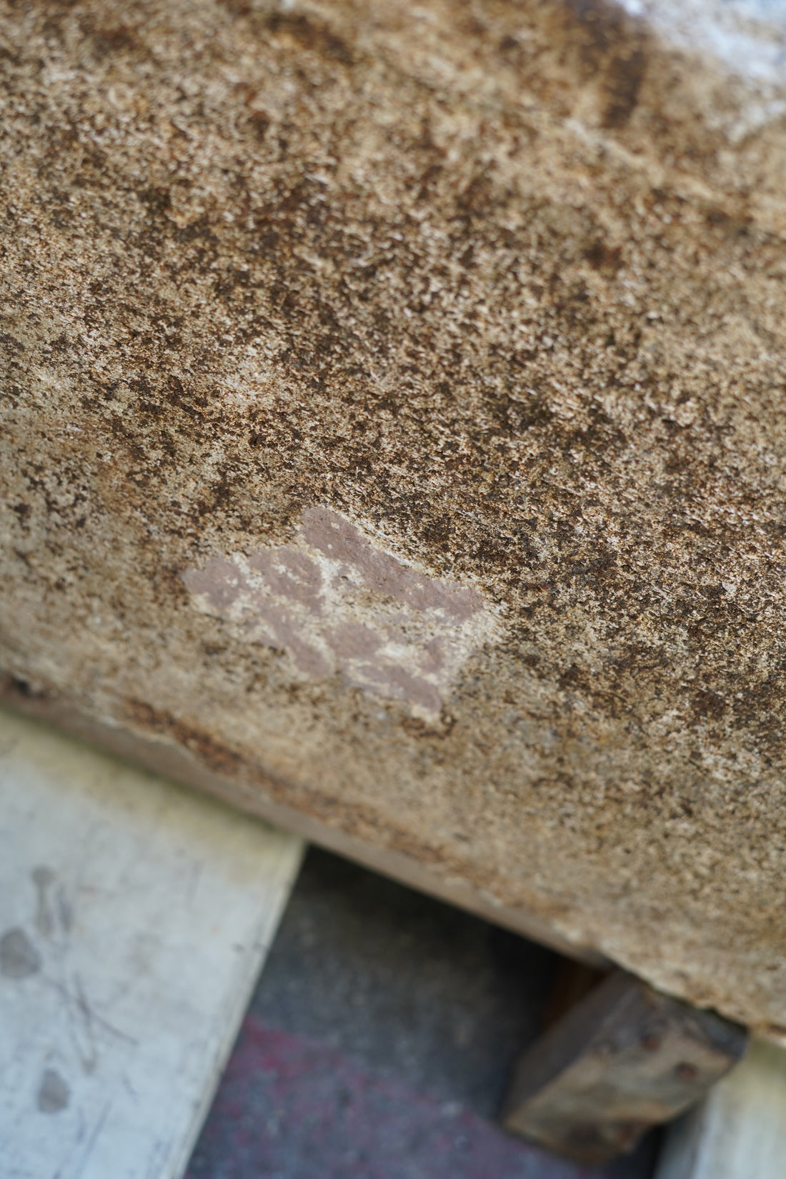 Close up of natural patina and wear on Rectangular Authentic Antique Limestone Trough Planter which can be converted into fountain or fire pit. 66" L x 28" W x 16" H