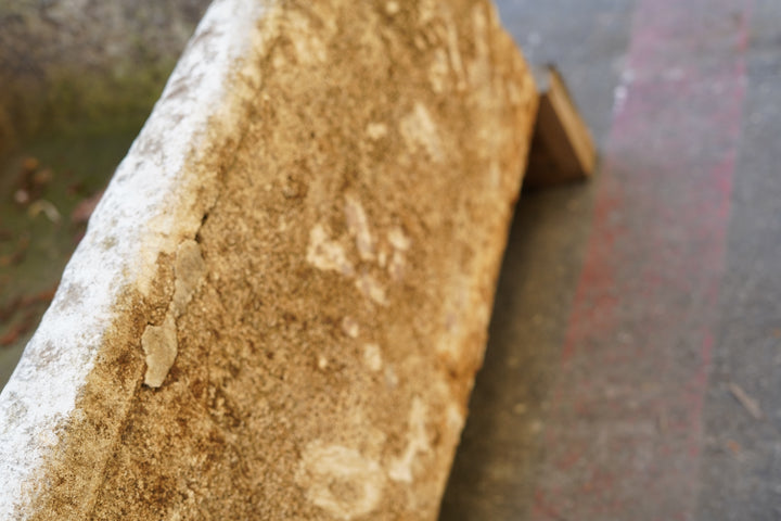 Close up of natural patina of Rectangular Authentic Antique Limestone Trough Planter which can be converted into fountain or fire pit. 66" L x 28" W x 16" H