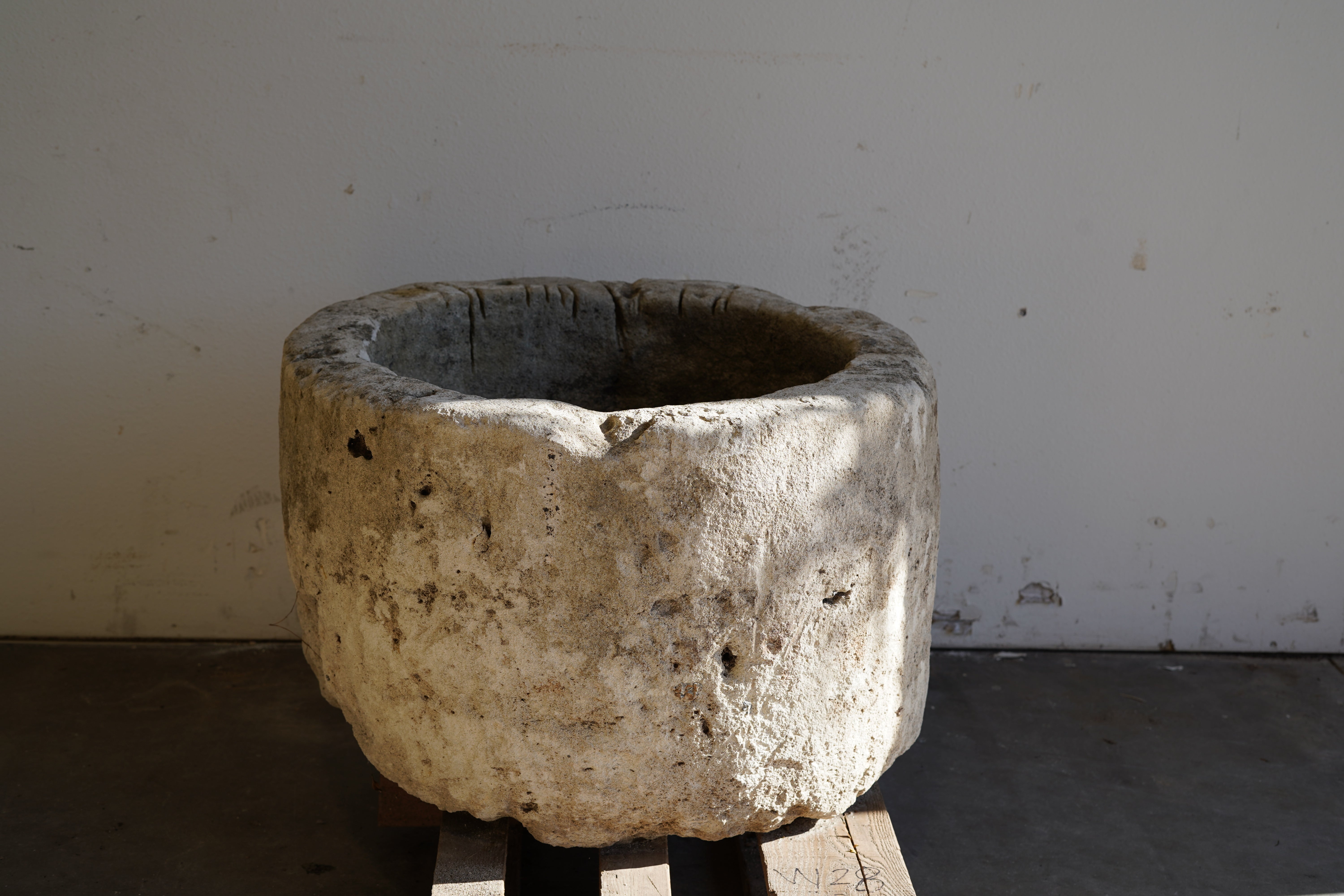 Antique Limestone Planter - Round. Dimensions: 18" H x 28" W. Natural sunlight.