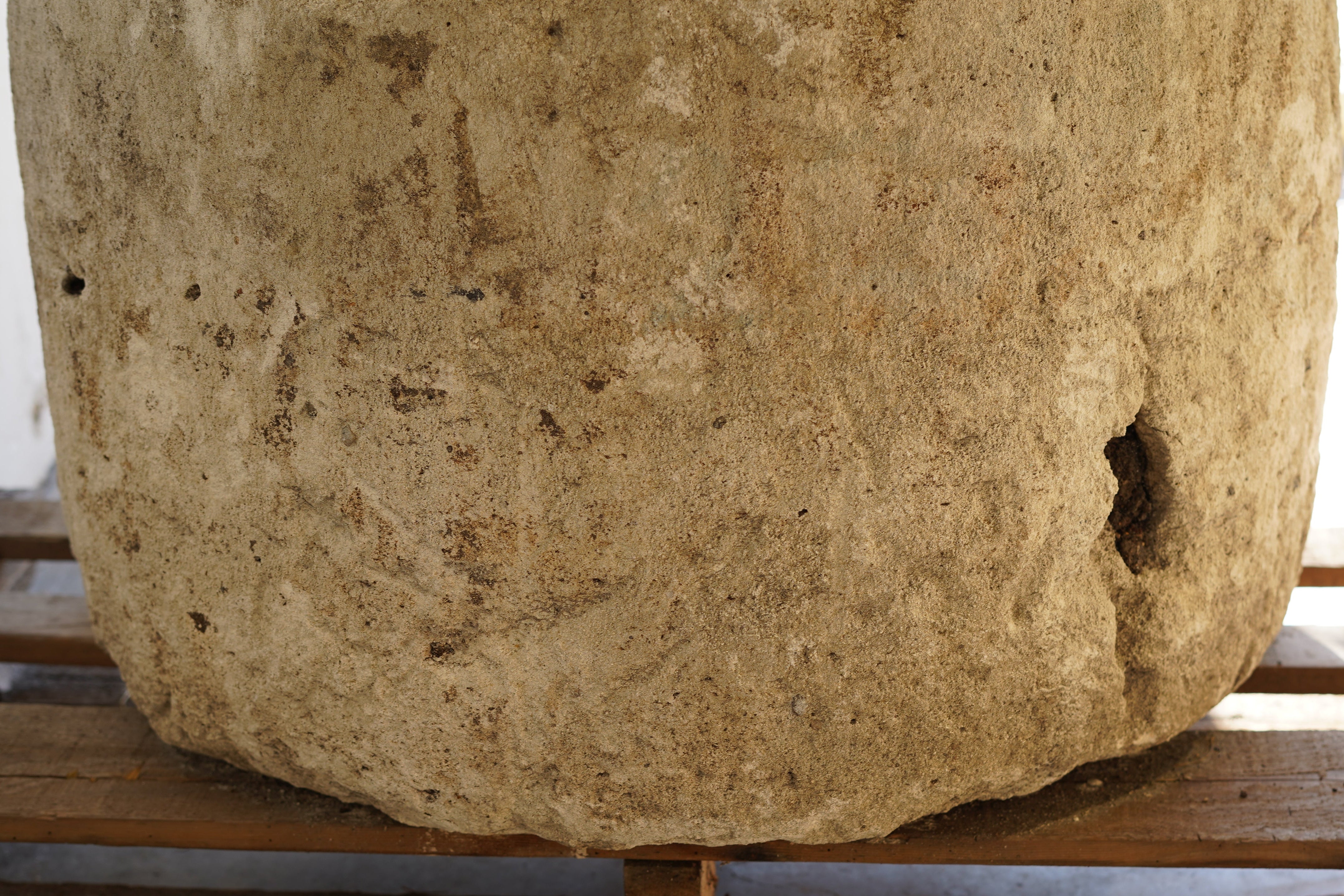 Close up of natural patina on Antique Limestone Planter - Round. Dimensions: 18" H x 28" W