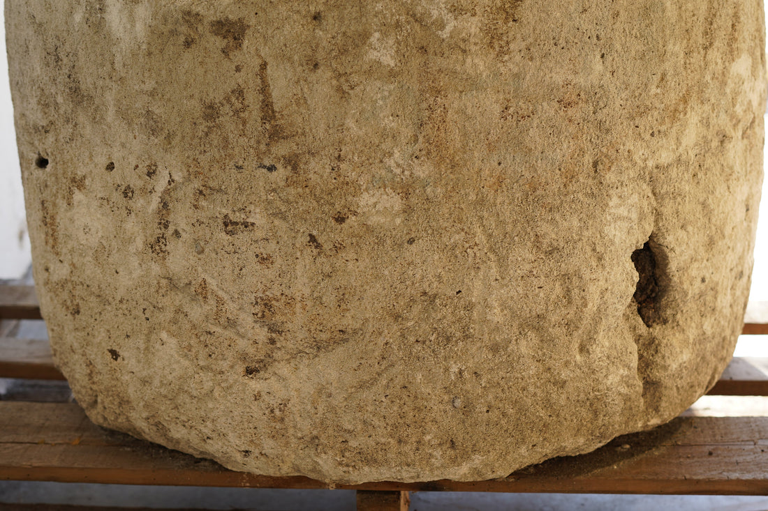 Close up of natural patina on Antique Limestone Planter - Round. Dimensions: 18" H x 28" W
