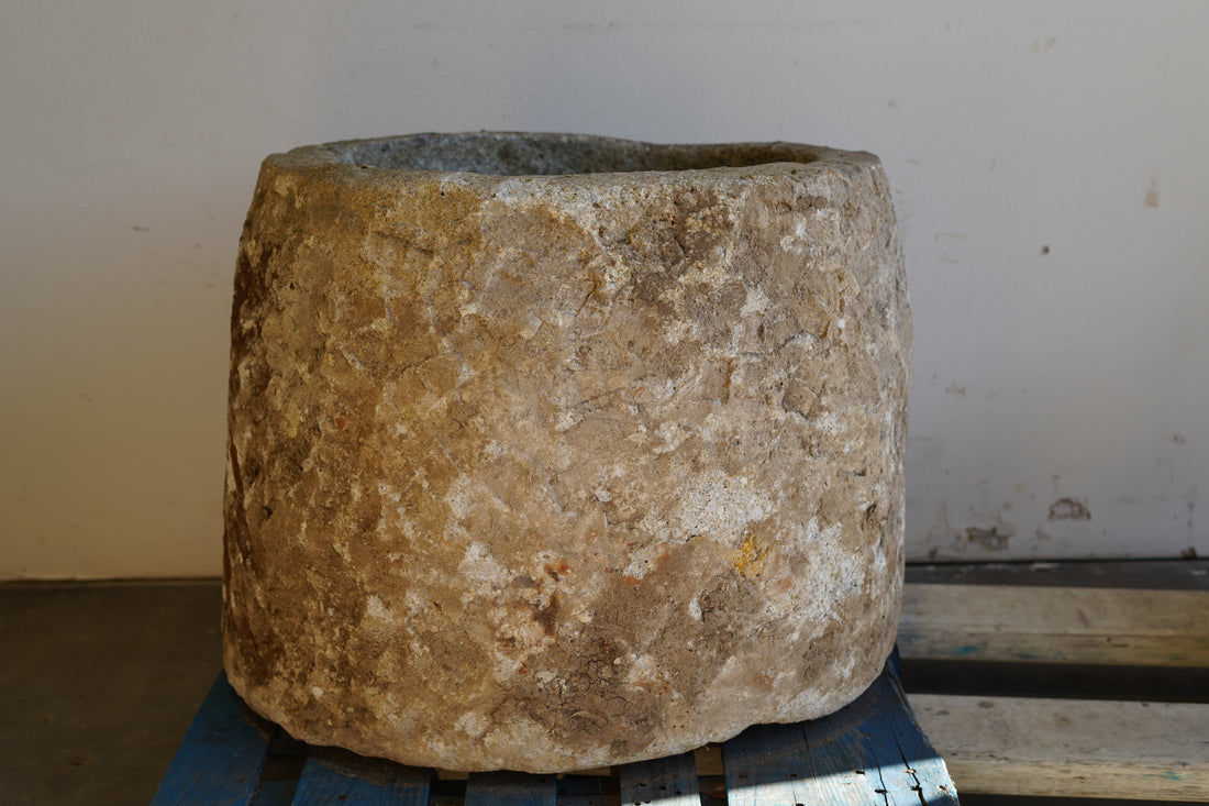 Close up view of Antique Hand Carved Limestone Planter 25" H x 29" D with natural patina and beautiful aging.