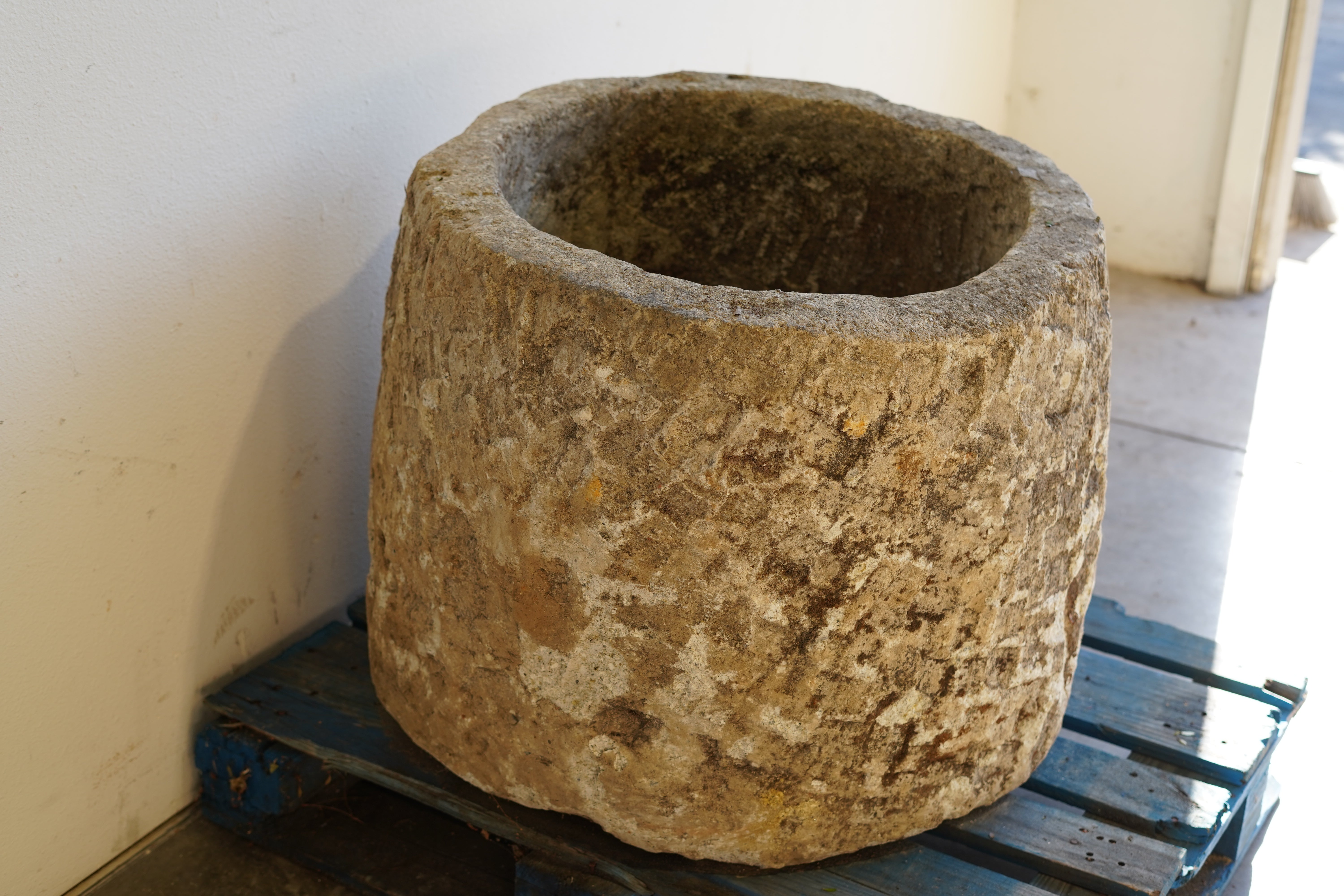Antique Hand Carved Limestone Planter 25" H x 29" D with natural patina and beautiful aging.