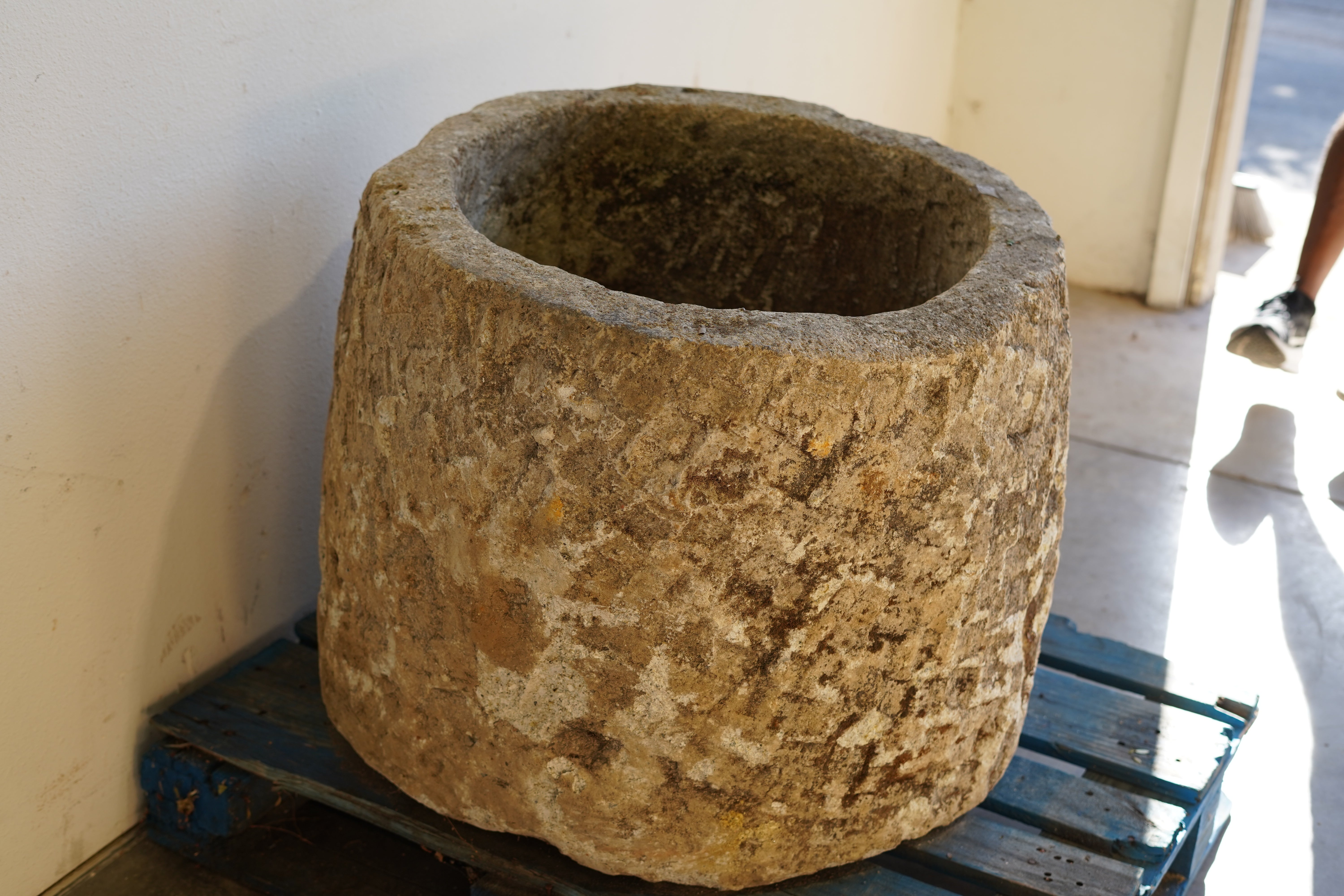 Antique Hand Carved Limestone Planter 25" H x 29" D with natural patina and beautiful aging.