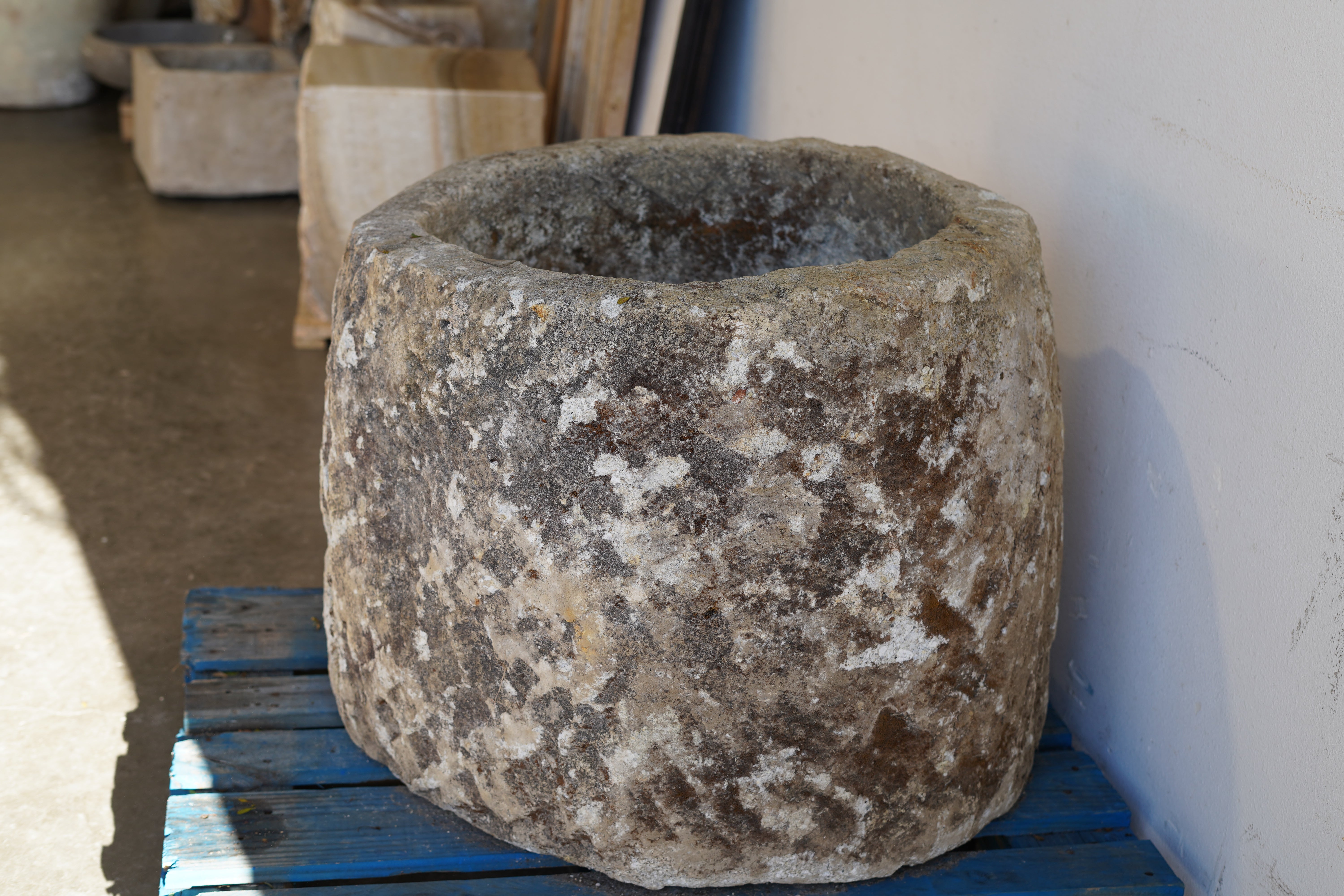 Antique Hand Carved Limestone Planter 25" H x 29" D with natural patina and beautiful aging in shaded indirect sunlight.