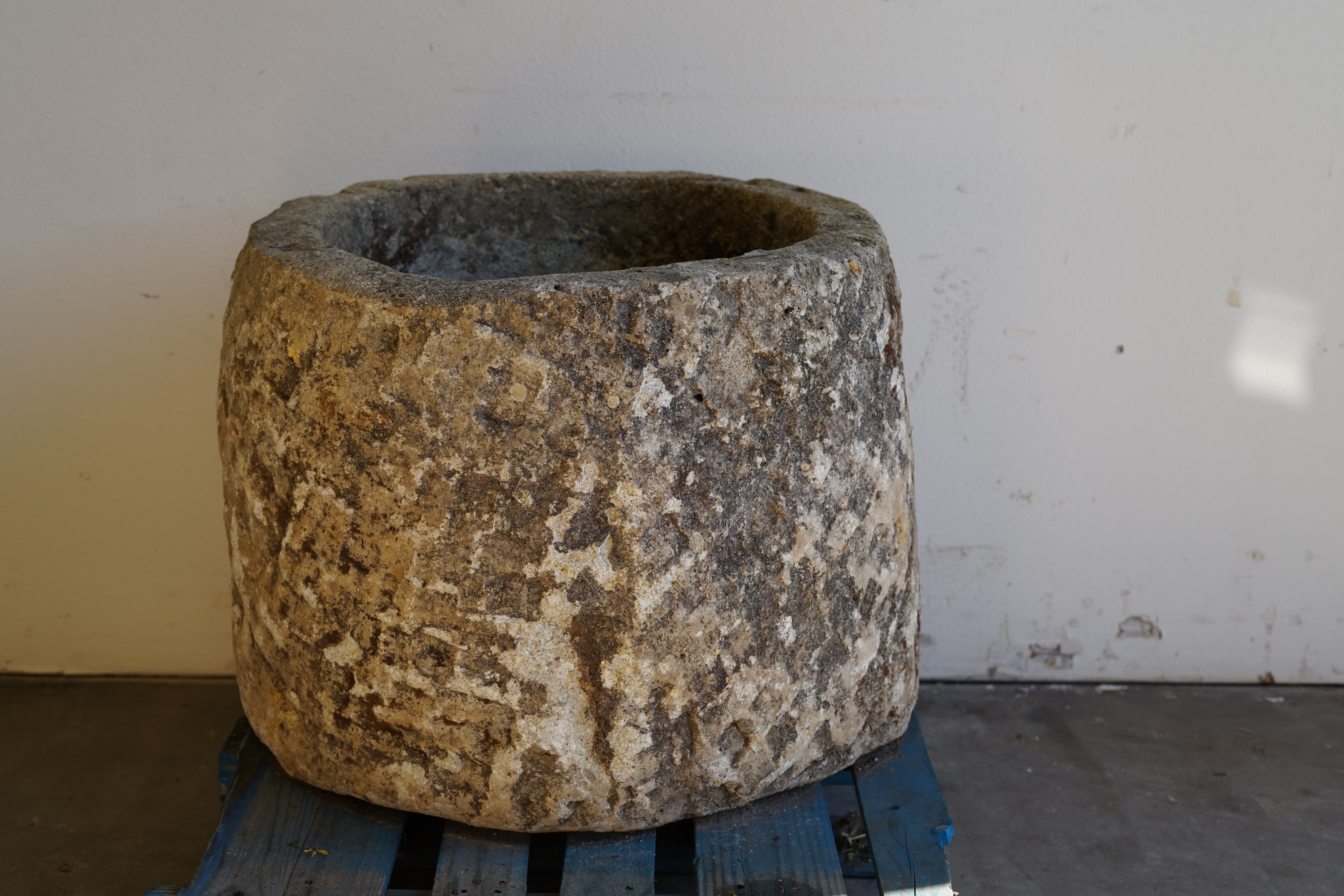 Backside view of Antique Hand Carved Limestone Planter 25" H x 29" D with natural patina and beautiful aging.