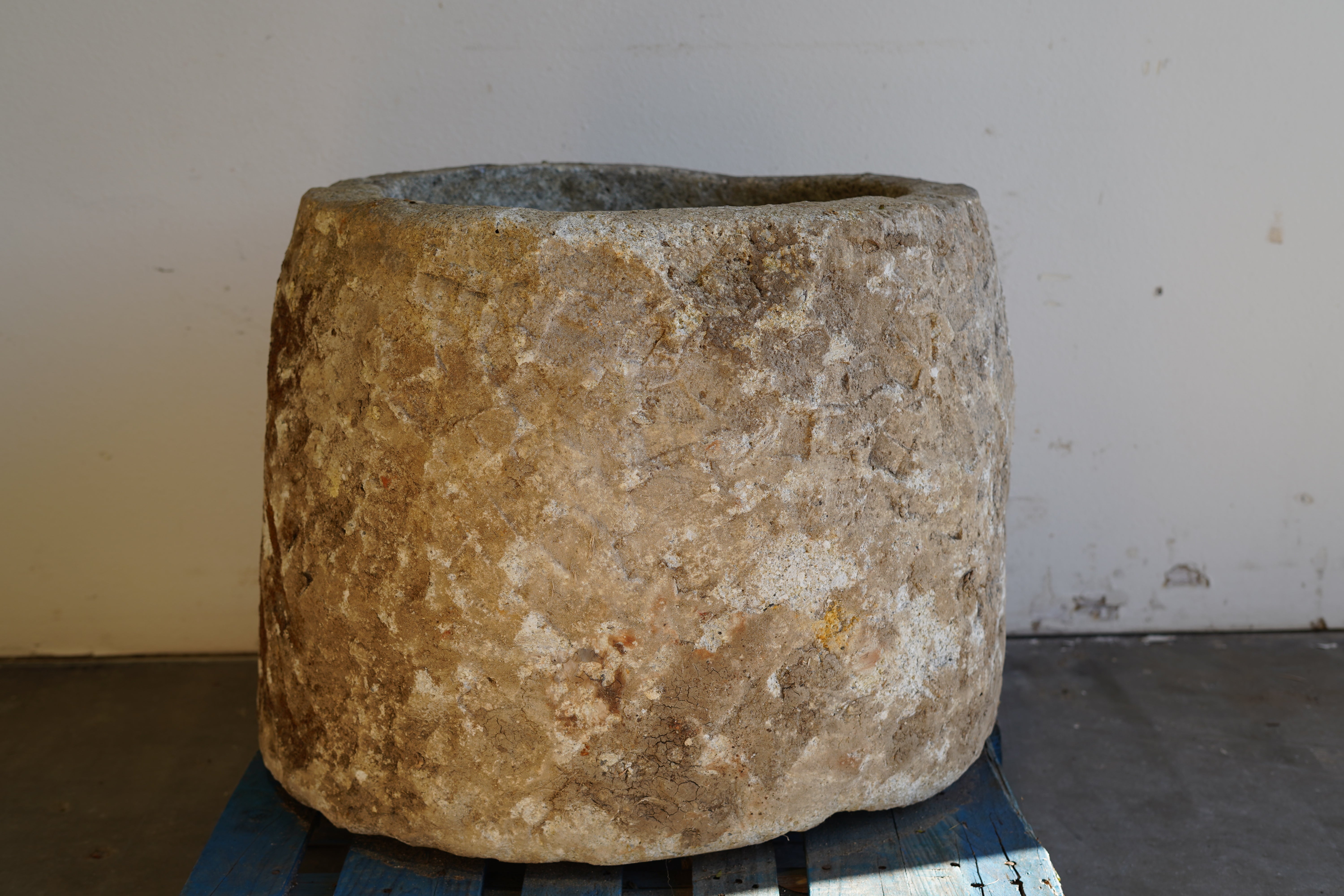 Antique Hand Carved Limestone Planter 25" H x 29" D with natural patina and beautiful aging in natural light.