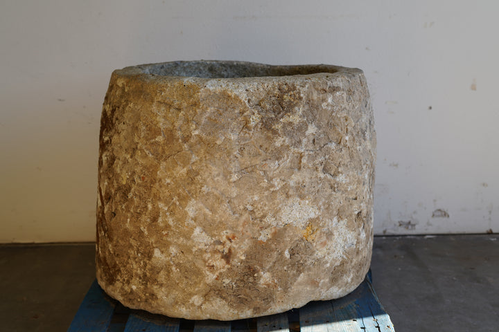 Antique Hand Carved Limestone Planter 25" H x 29" D with natural patina and beautiful aging in natural light.