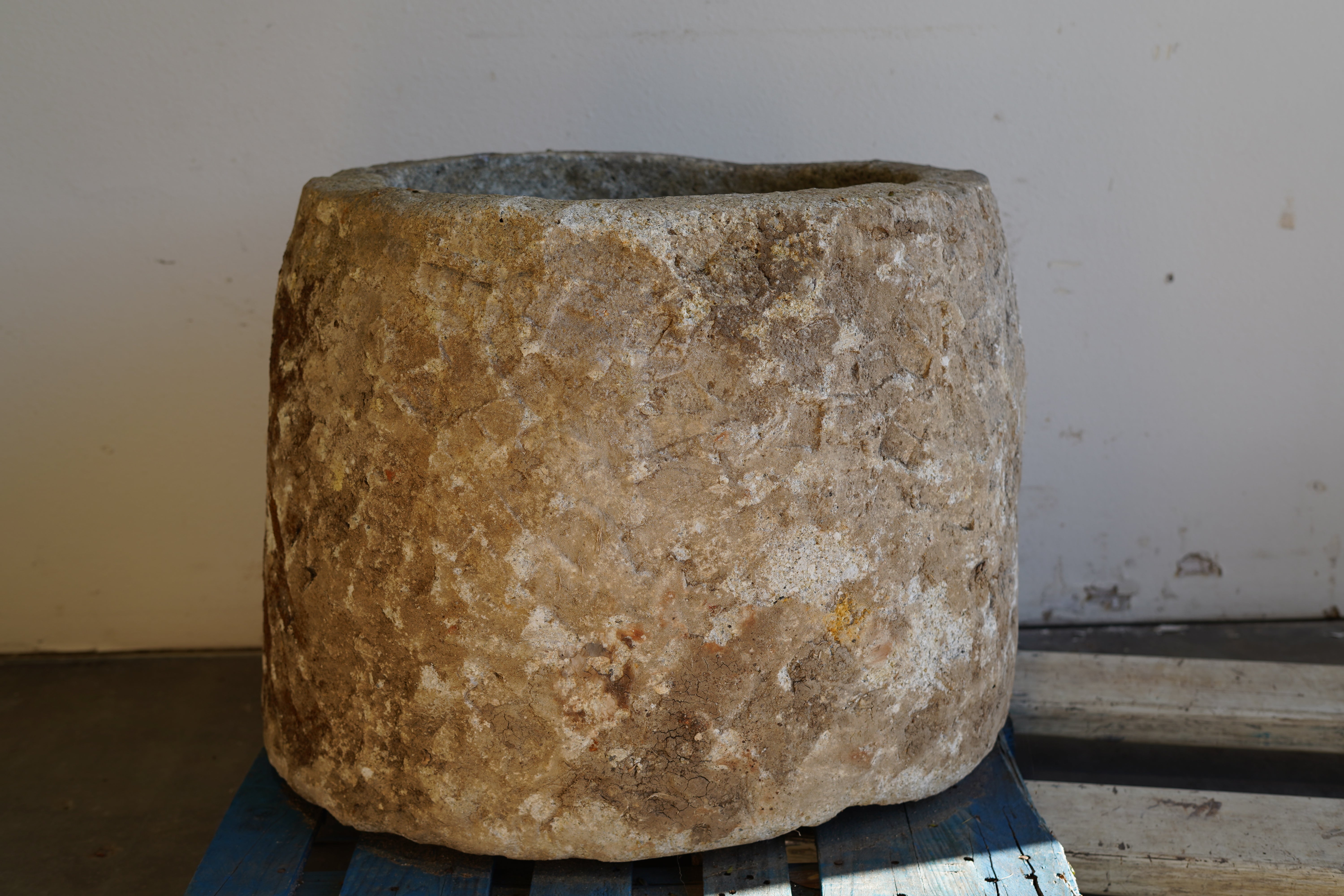 Antique Hand Carved Limestone Planter 25" H x 29" D with natural patina and beautiful aging. 