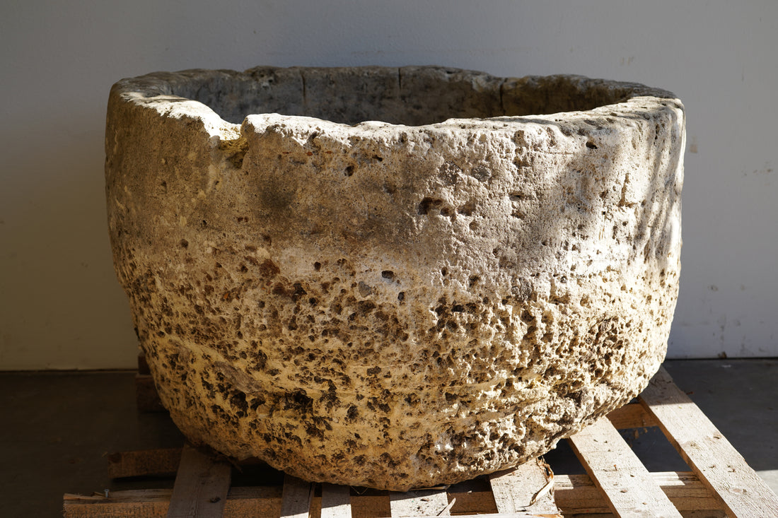 Extra Large Antique Limestone Planter - Round. Natural Lighting.