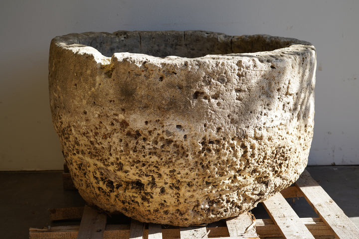 Extra Large Antique Limestone Planter - Round. Natural Lighting.
