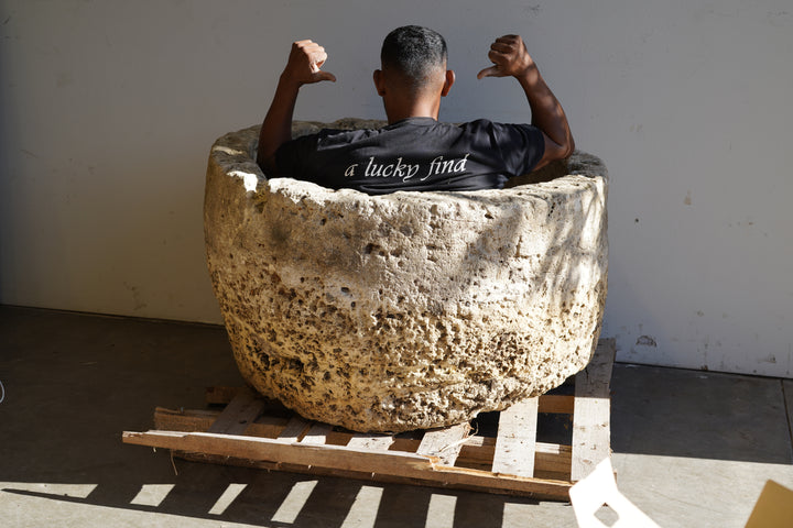 Extra Large Antique Limestone Round Planter. Great for a mature tree, fountain, or fire pit.