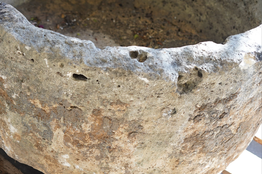 Close up of natural aging over decades. Antique Round Hand-Carved limestone with natural patina and aging over decades. Dimensions: 17" H x 33" W