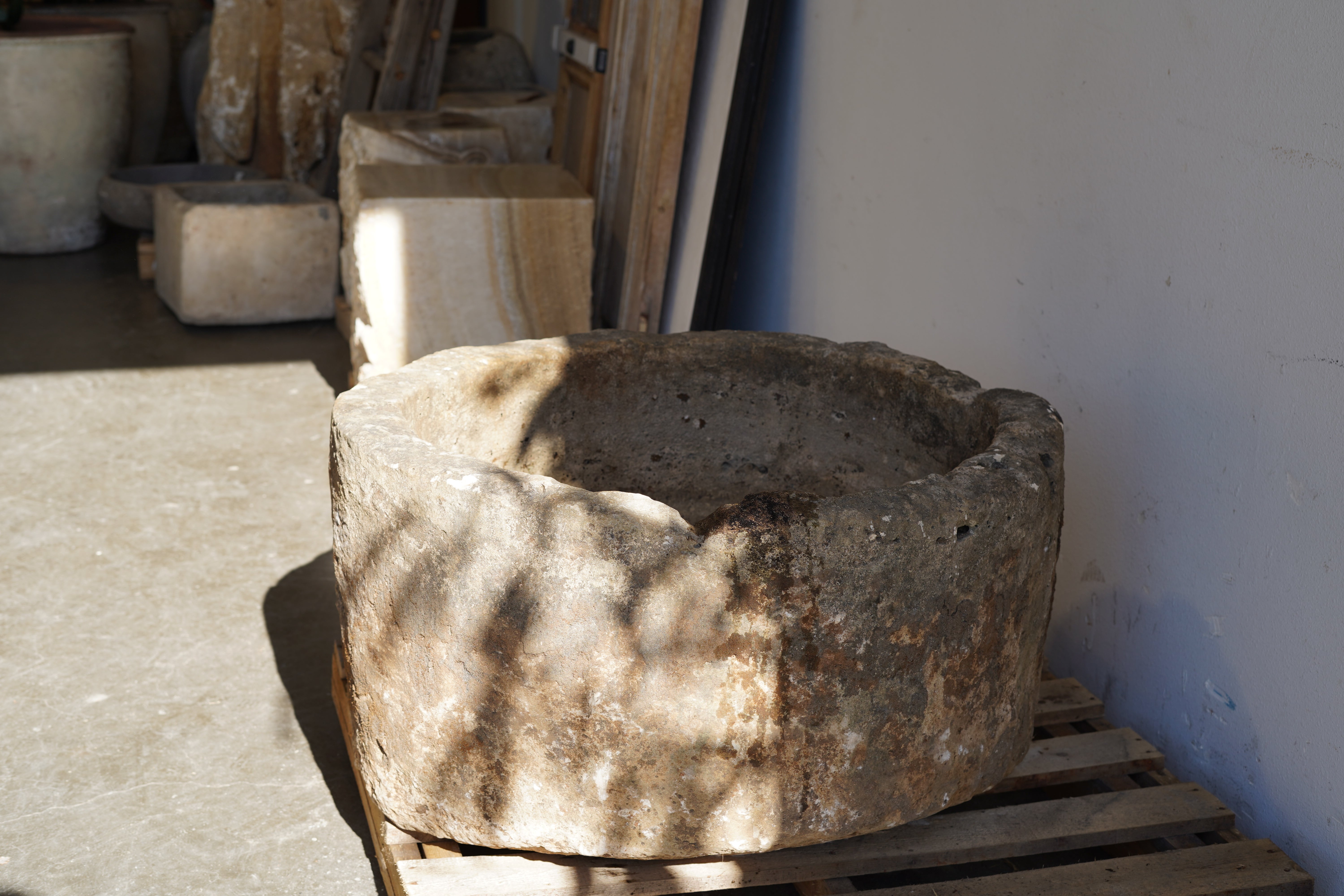 Antique Limestone Round Planter - 17" H x 33" W - Trouvaille Imports