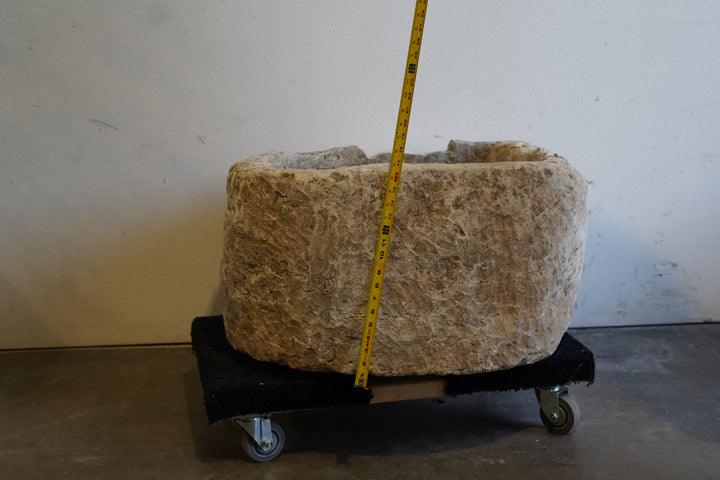 Antique Round Limestone Planter - 32" W x 17" H - Trouvaille Imports
