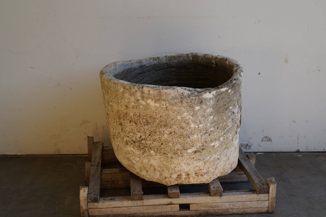 backside of Round Limestone Antique Planter hand carve 28" H x 21" W